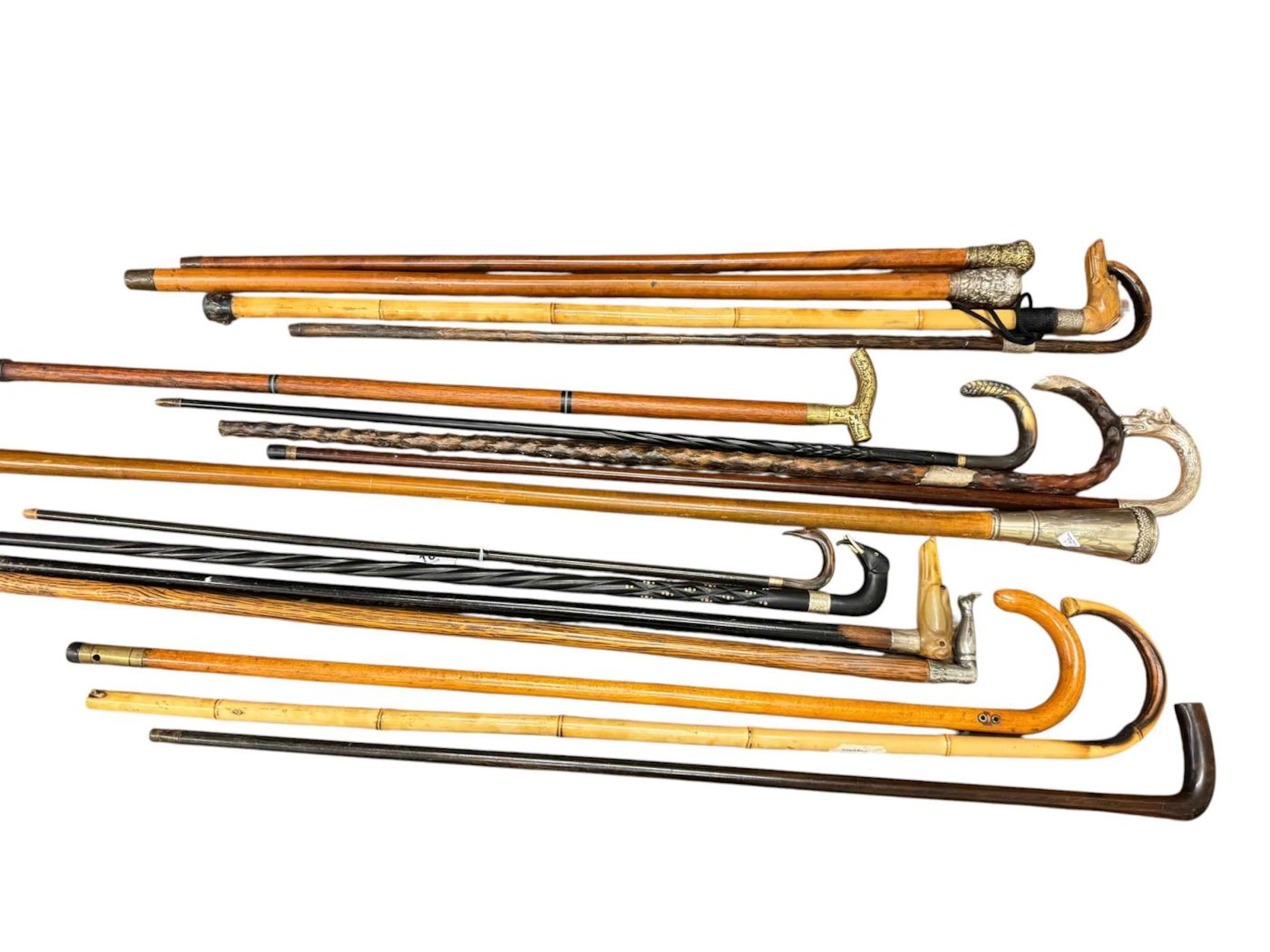 Collection of walking sticks including silver collared dog and elephant