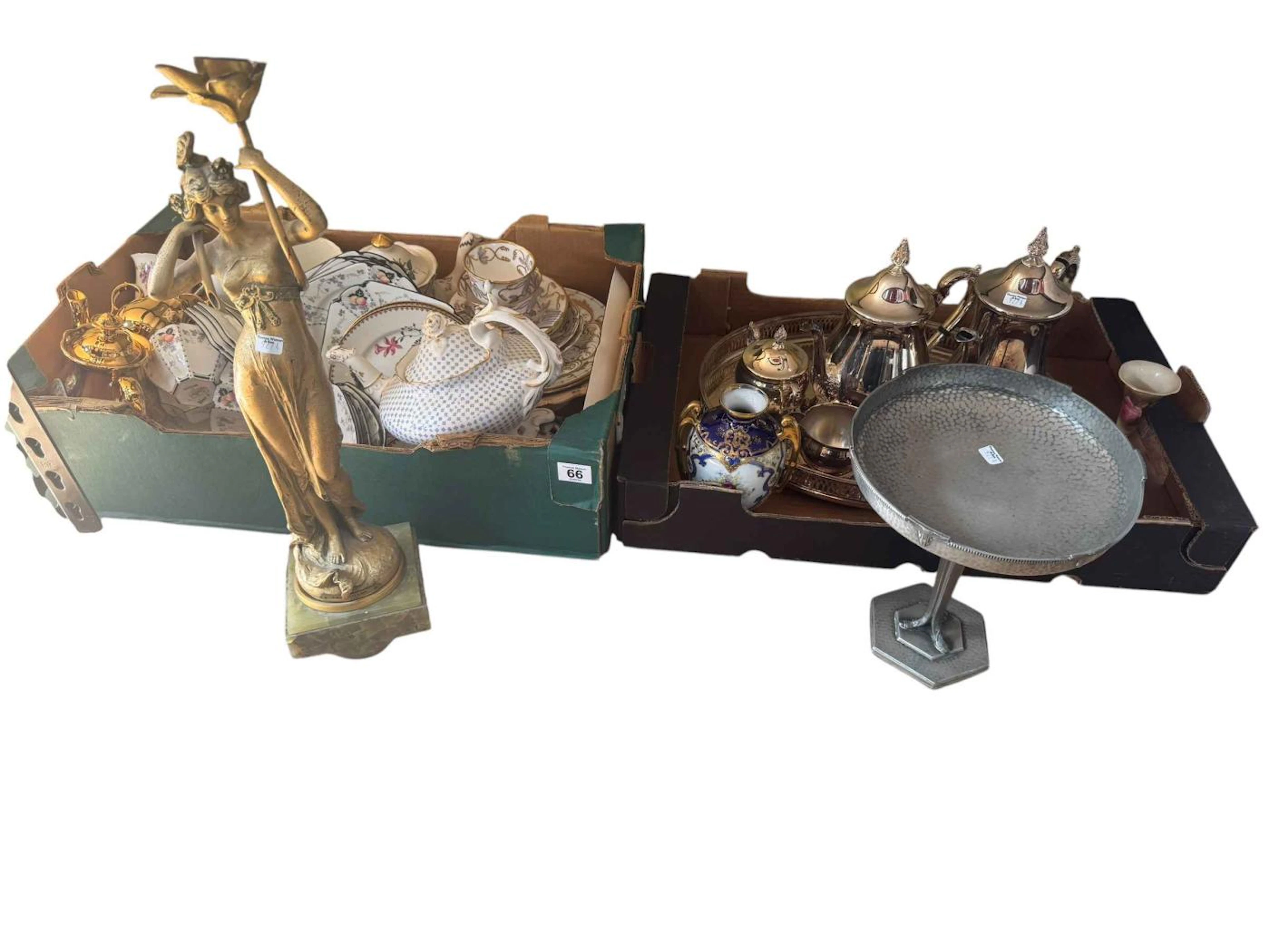 Two boxes of china and silver plated ware including a silver plated