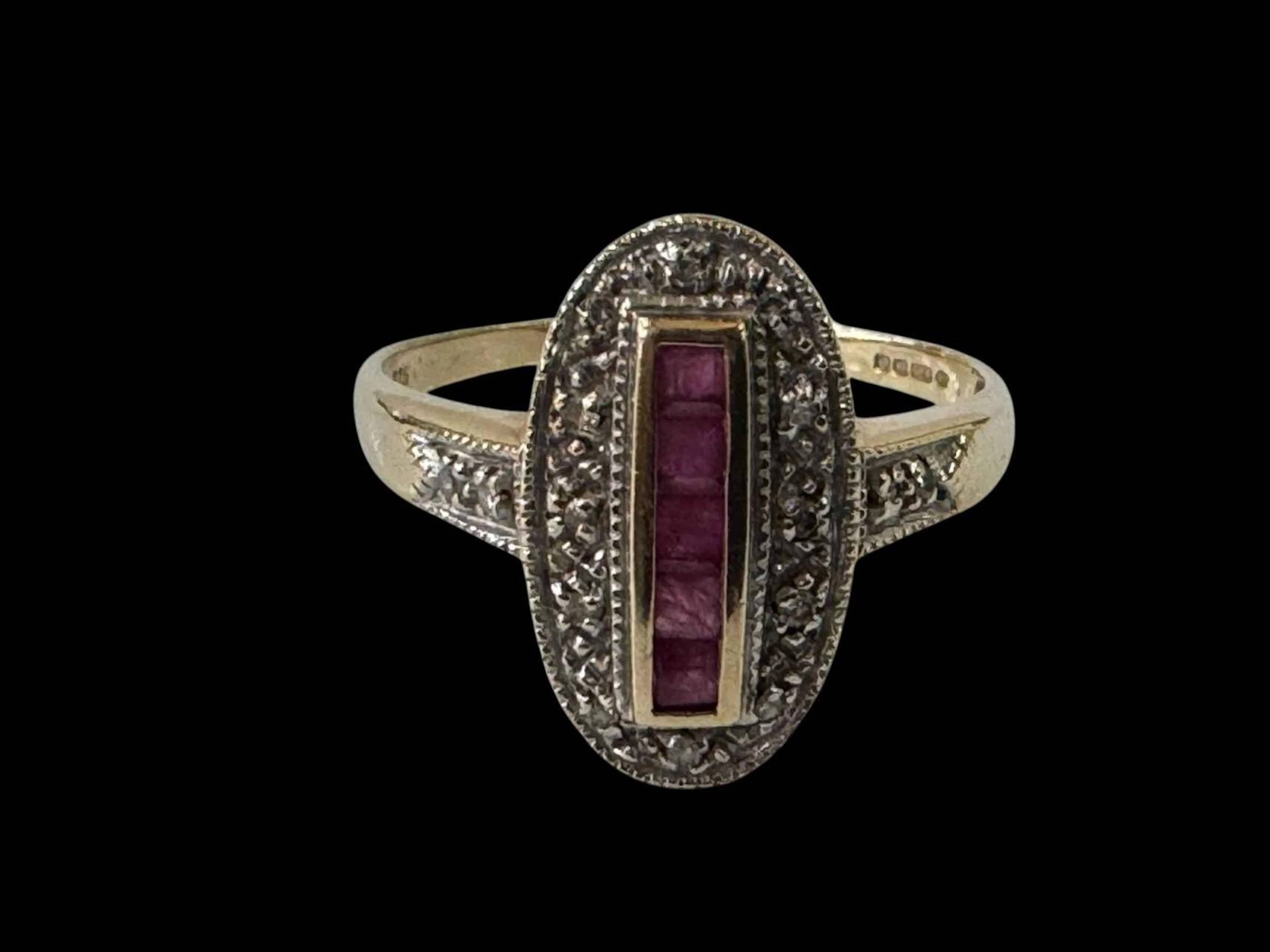 Ruby and diamond 9 carat gold ring, Birmingham hallmark, size T.