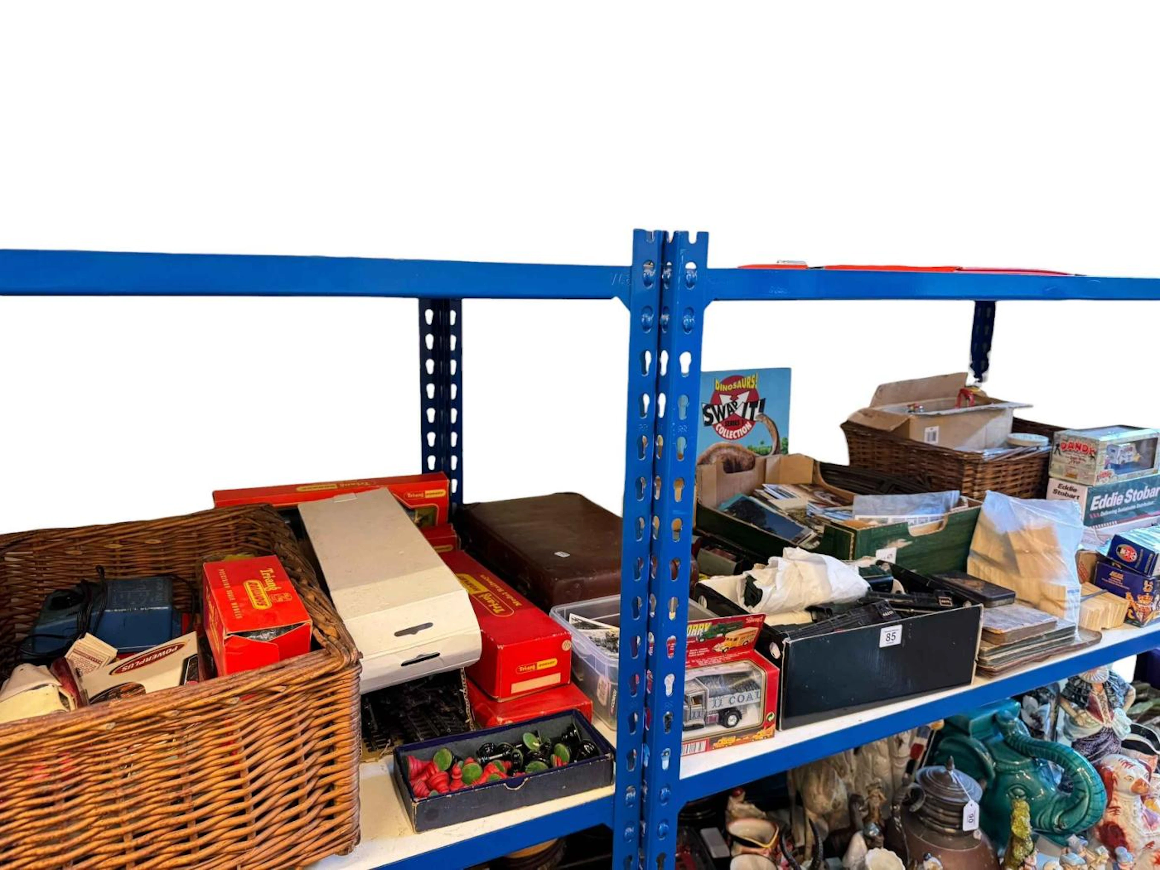 Collection of vintage toys including Hornby model railway, chess set