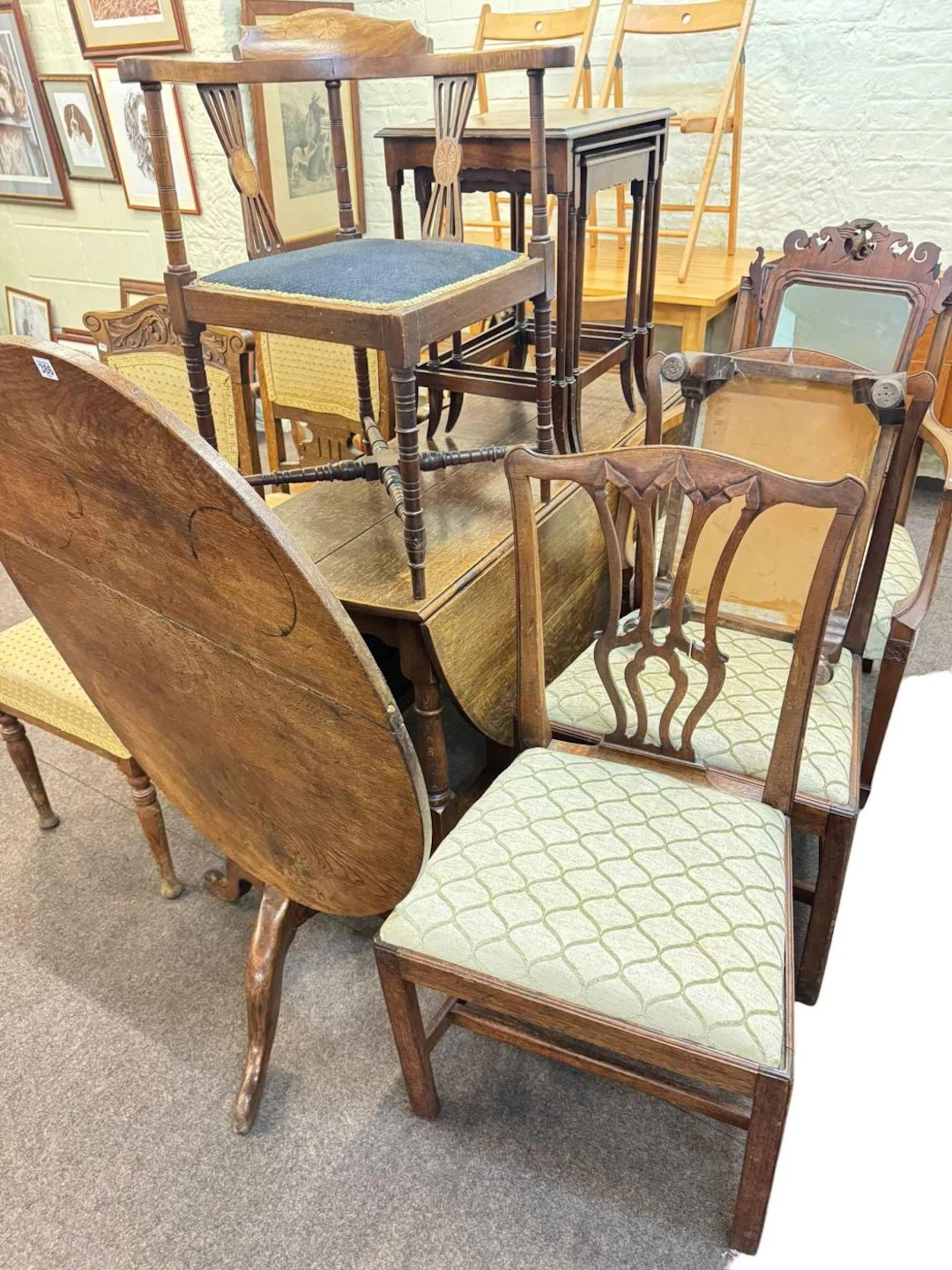 Oak drop leaf table, 19th Century snap top table, seven various chairs