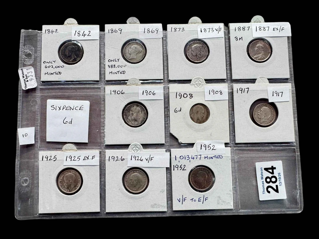 Eleven sixpences including 1842, 1869, 1952 low minted.