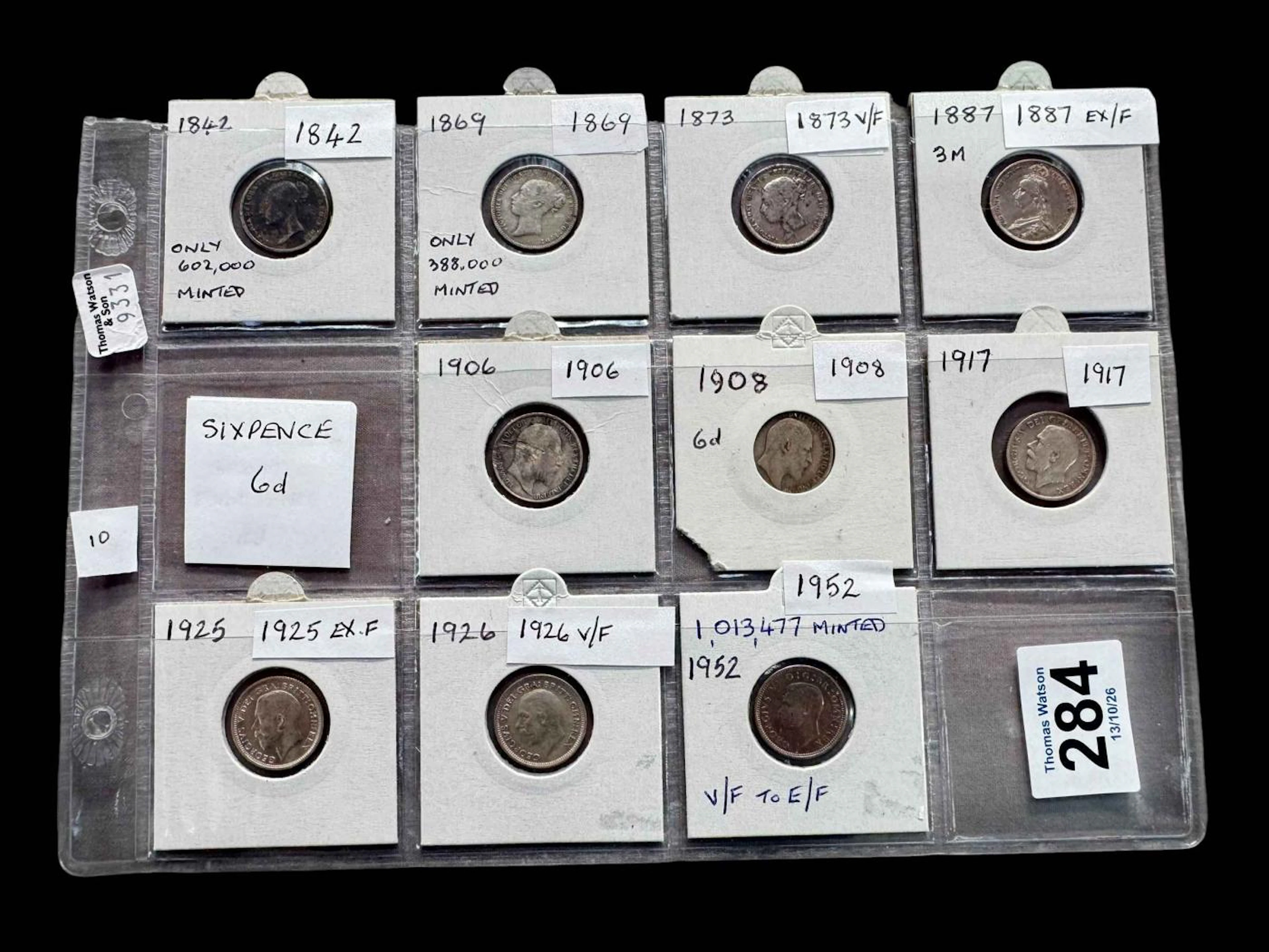 Eleven sixpences including 1842, 1869, 1952 low minted.