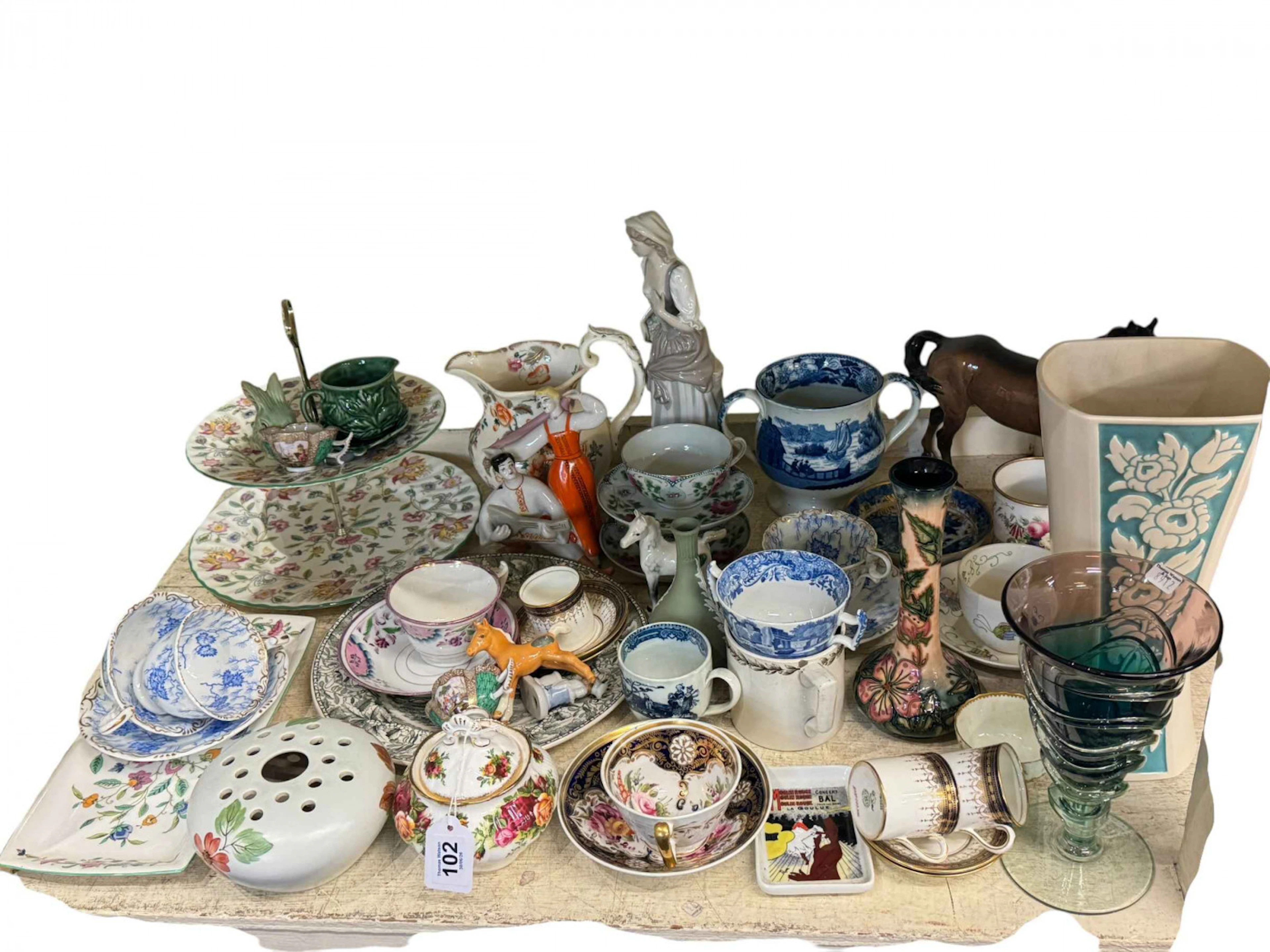 Minton Haddon Hall cakestand, Lladro figure, Moorcroft vase, Beswick