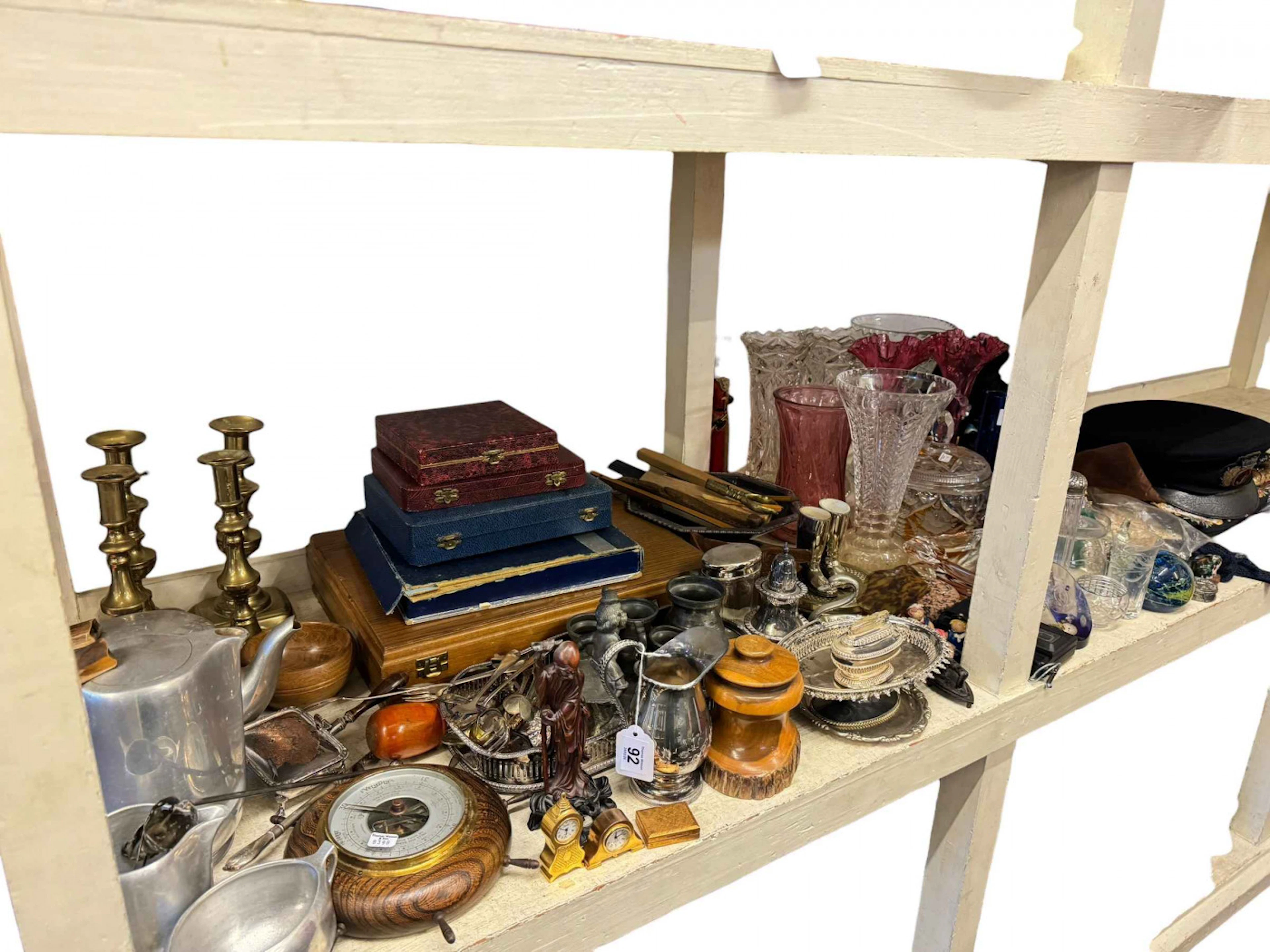Piquot teaware, two pairs of brass candlesticks, cutlery and metalwares