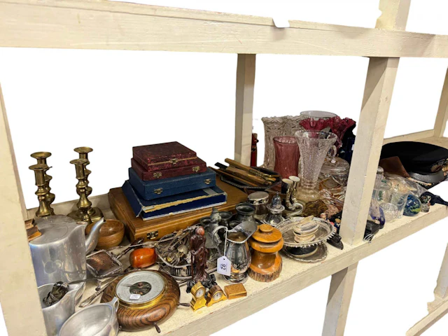 Piquot teaware, two pairs of brass candlesticks, cutlery and metalwares
