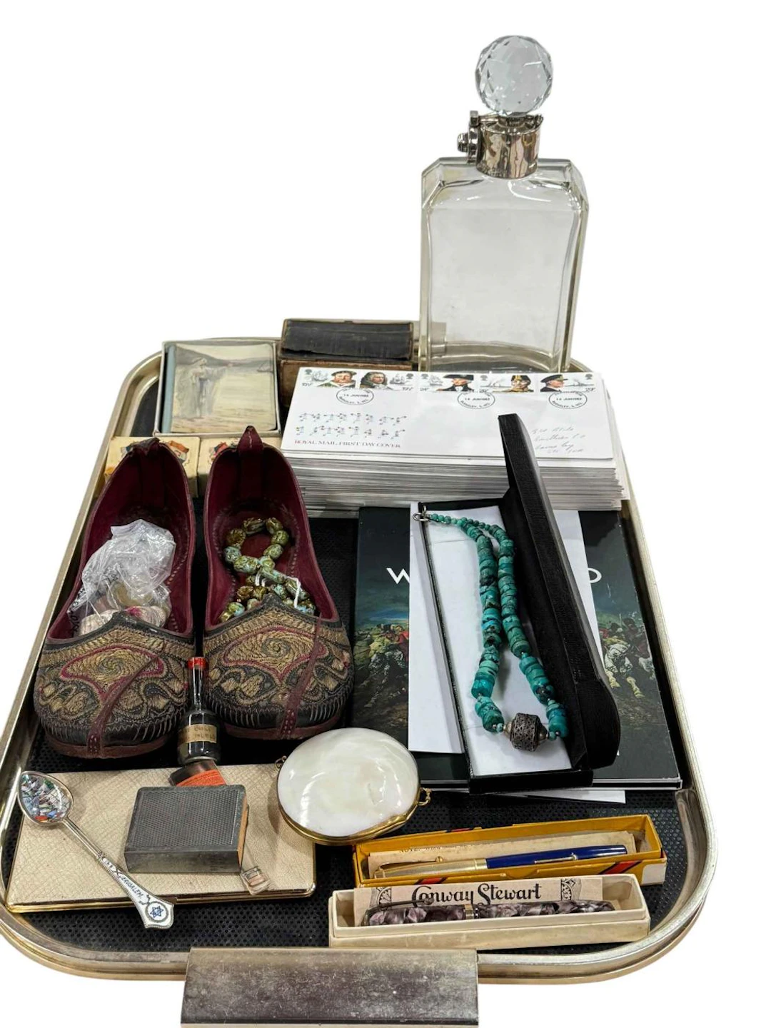 Tray lot with silver mounted decanter, first day covers, bank notes