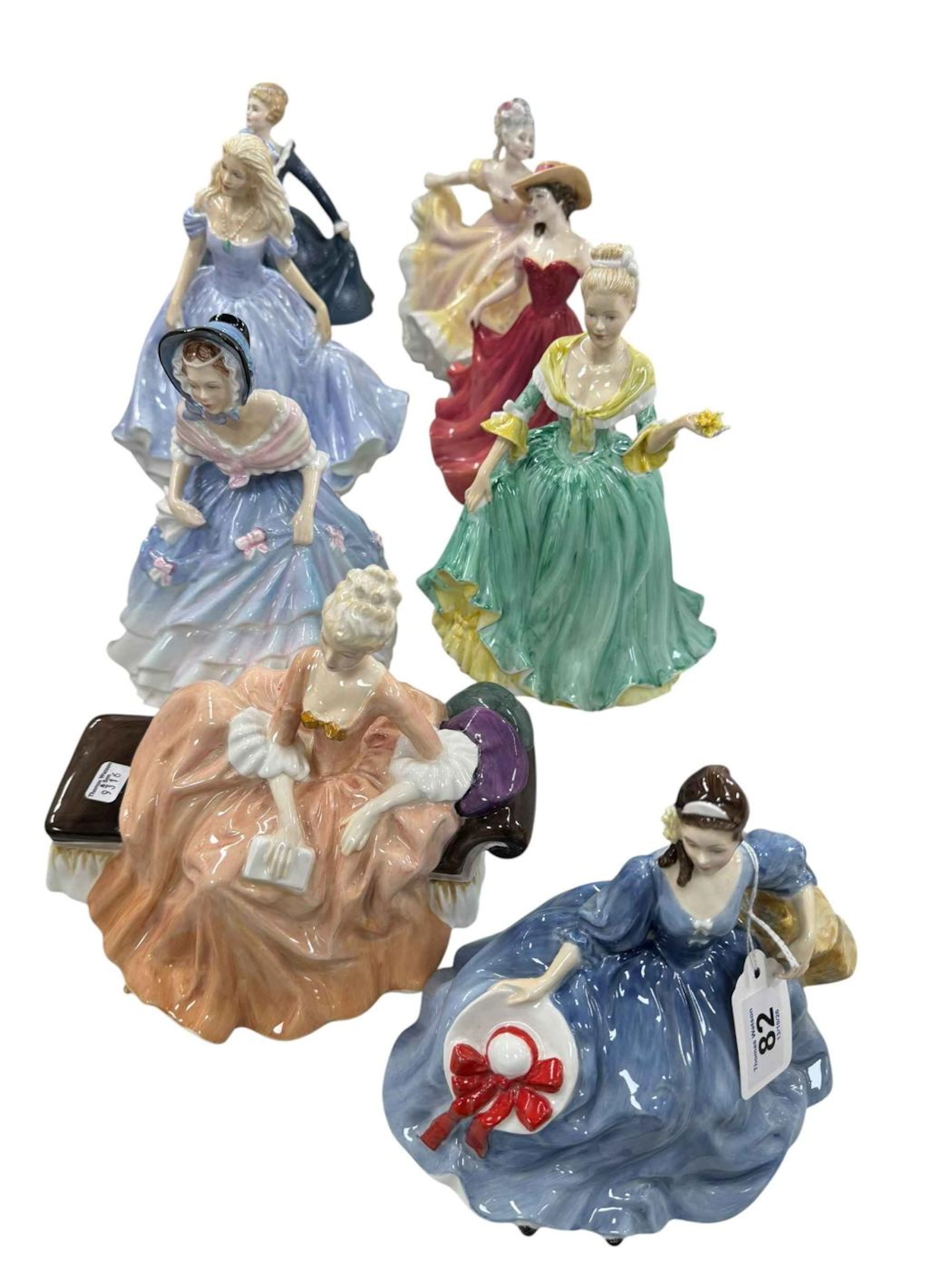Six Royal Doulton and two other lady figurines.