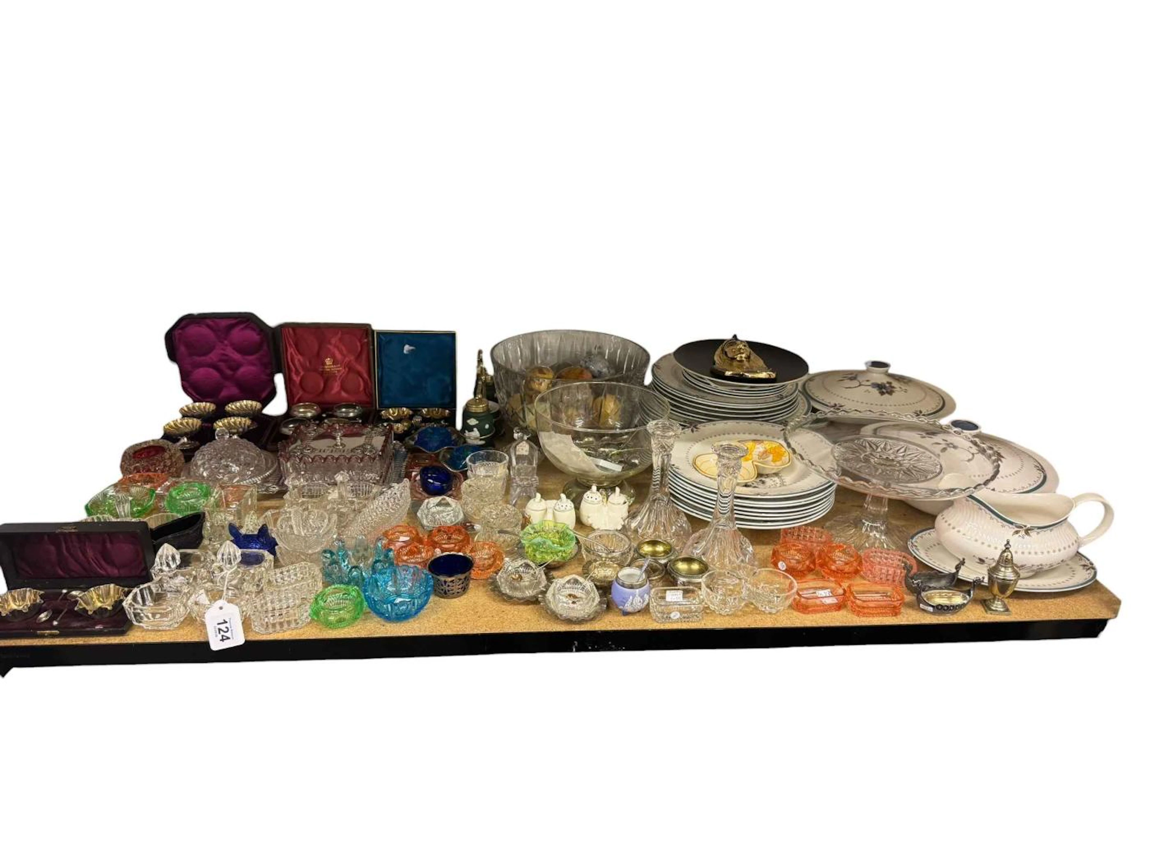 Collection of glass and silver plate salt cellars, decorative eggs
