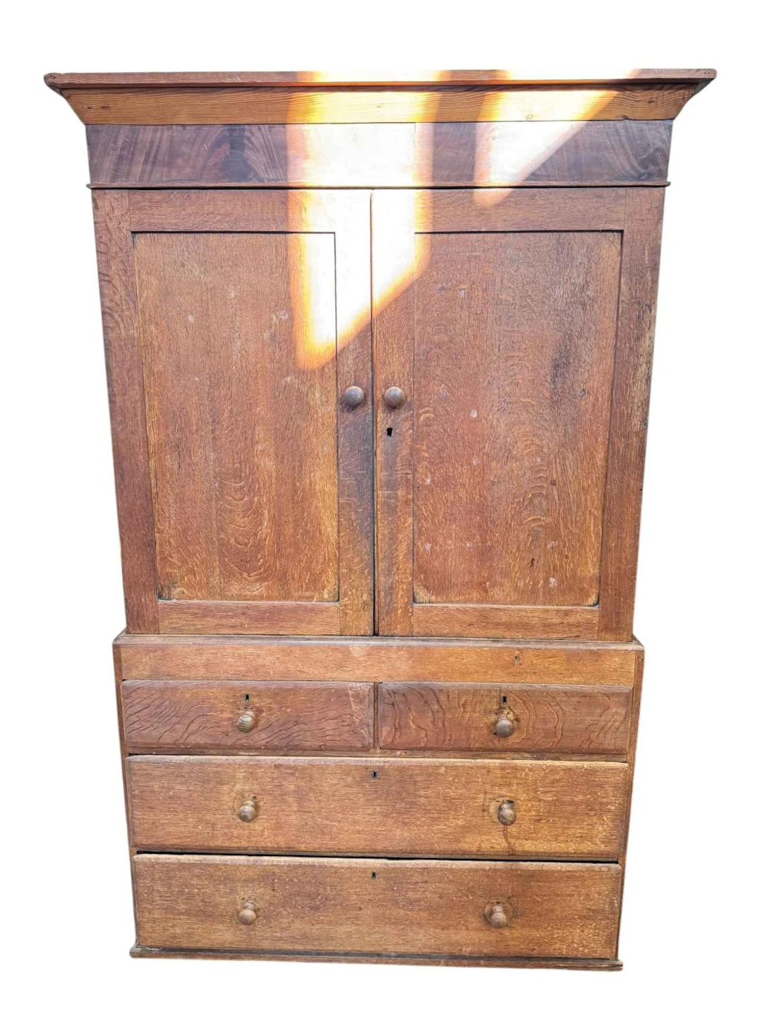 Oak, pine and mahogany kitchen press, 189cm by 117cm by 52cm.