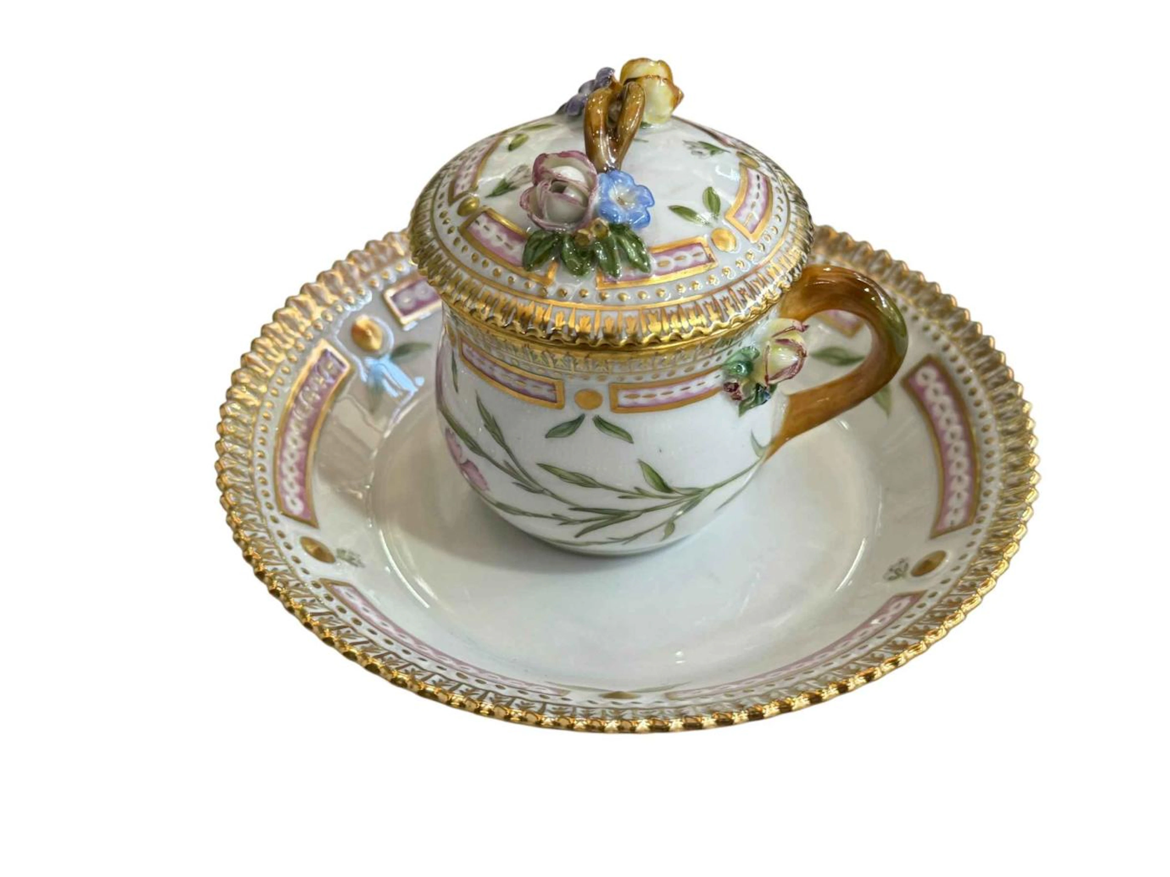 Royal Copenhagen Flora Danica custard cup and cover painted with botanical