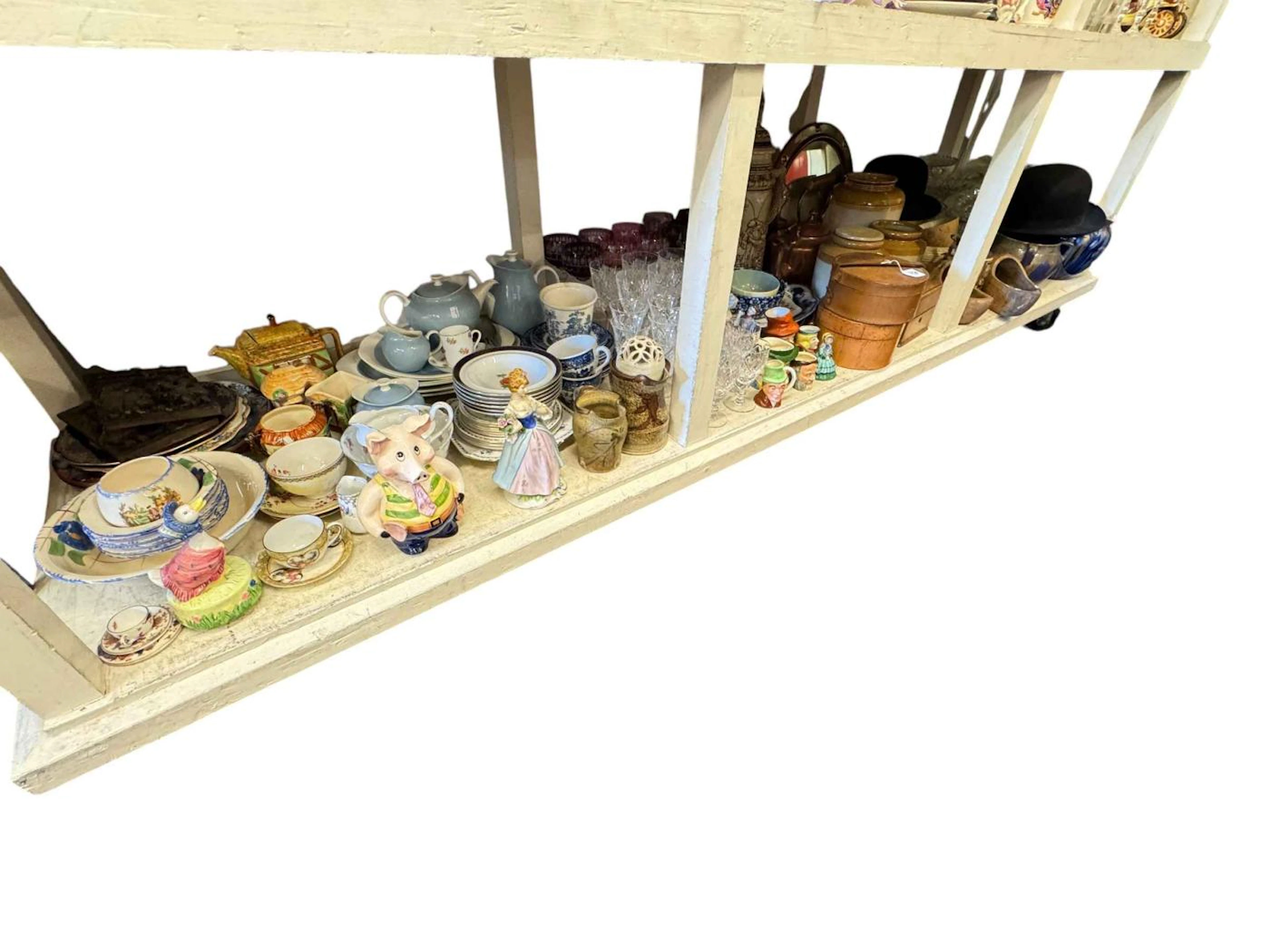 Full shelf of china, glass, stoneware jars, copper kettle, two bowler