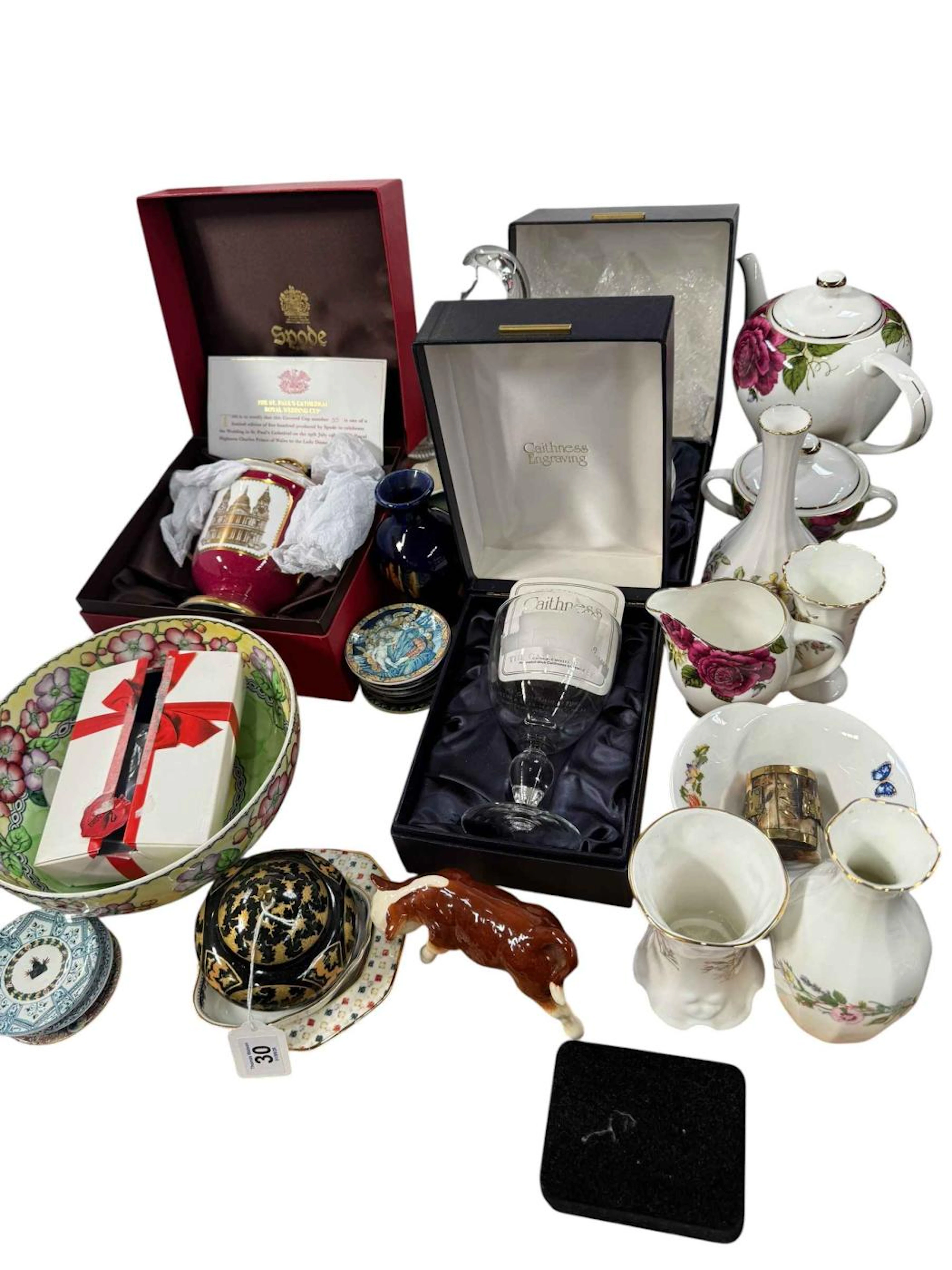 Spode St Paul's Cathedral Royal Wedding cup, Caithness bowl and goblet