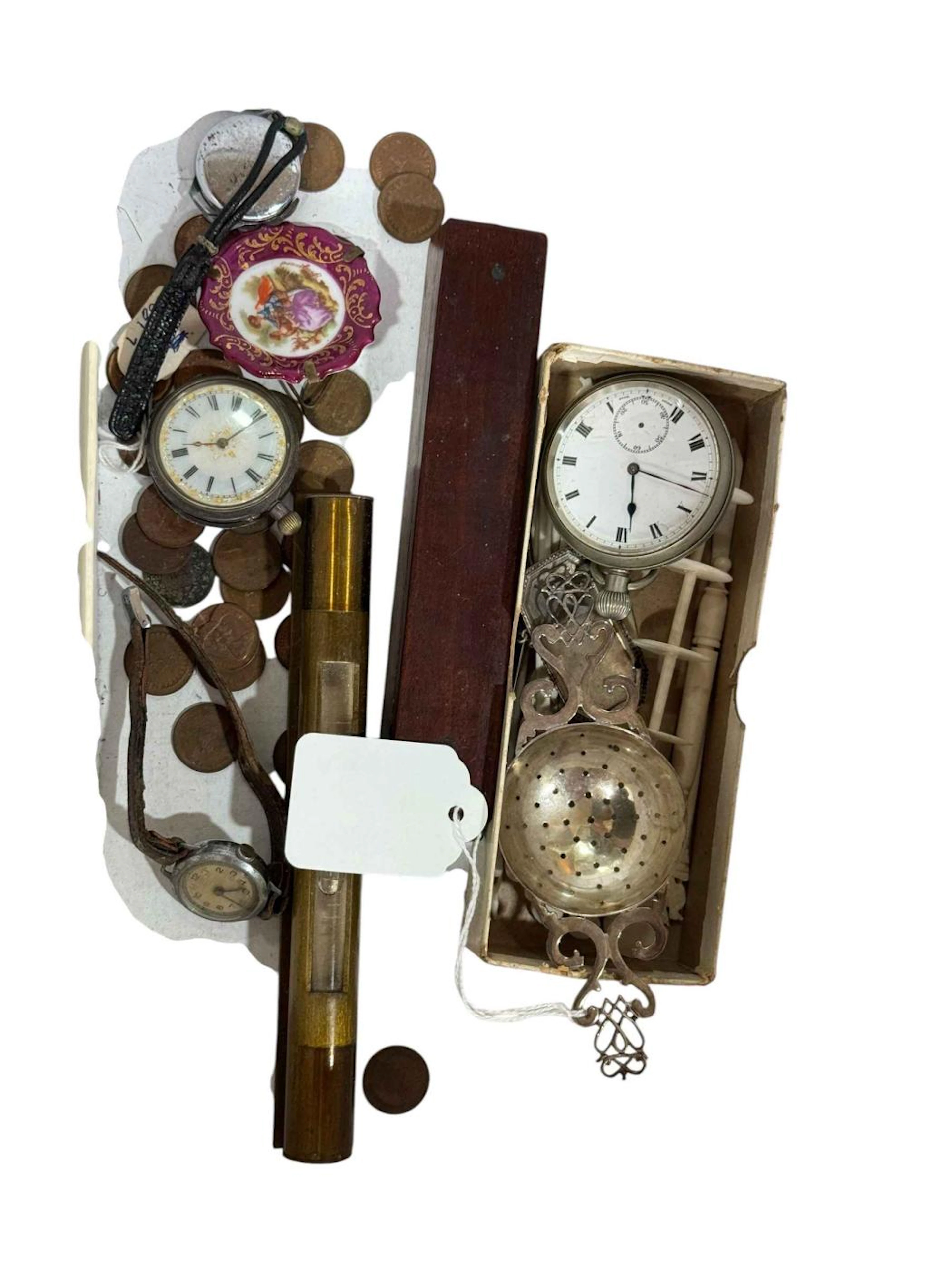 Collectables including pocket watch, spirit level, guinea scales