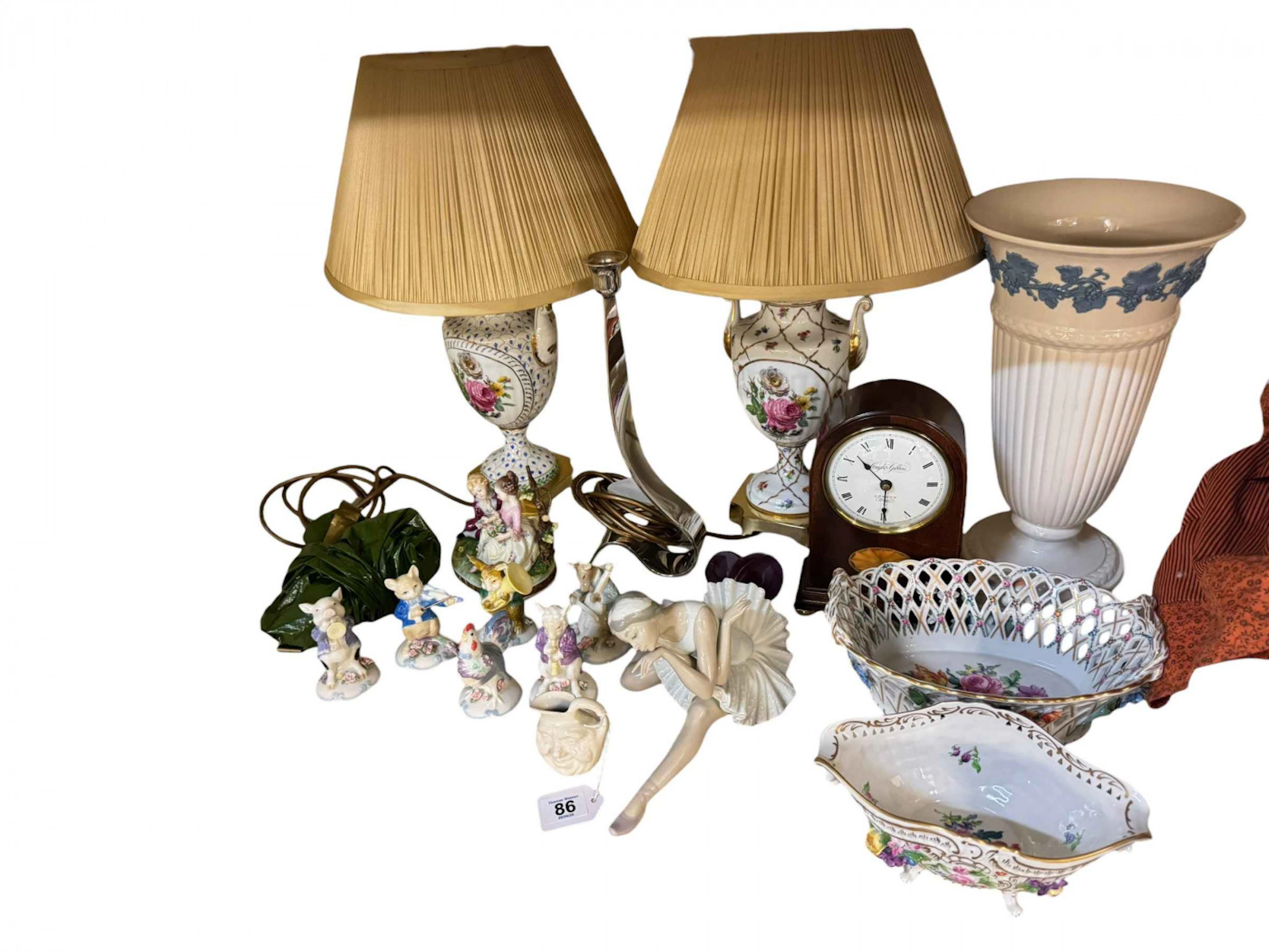 Two Continental pottery table lamps, two Dresden bowls, Continental