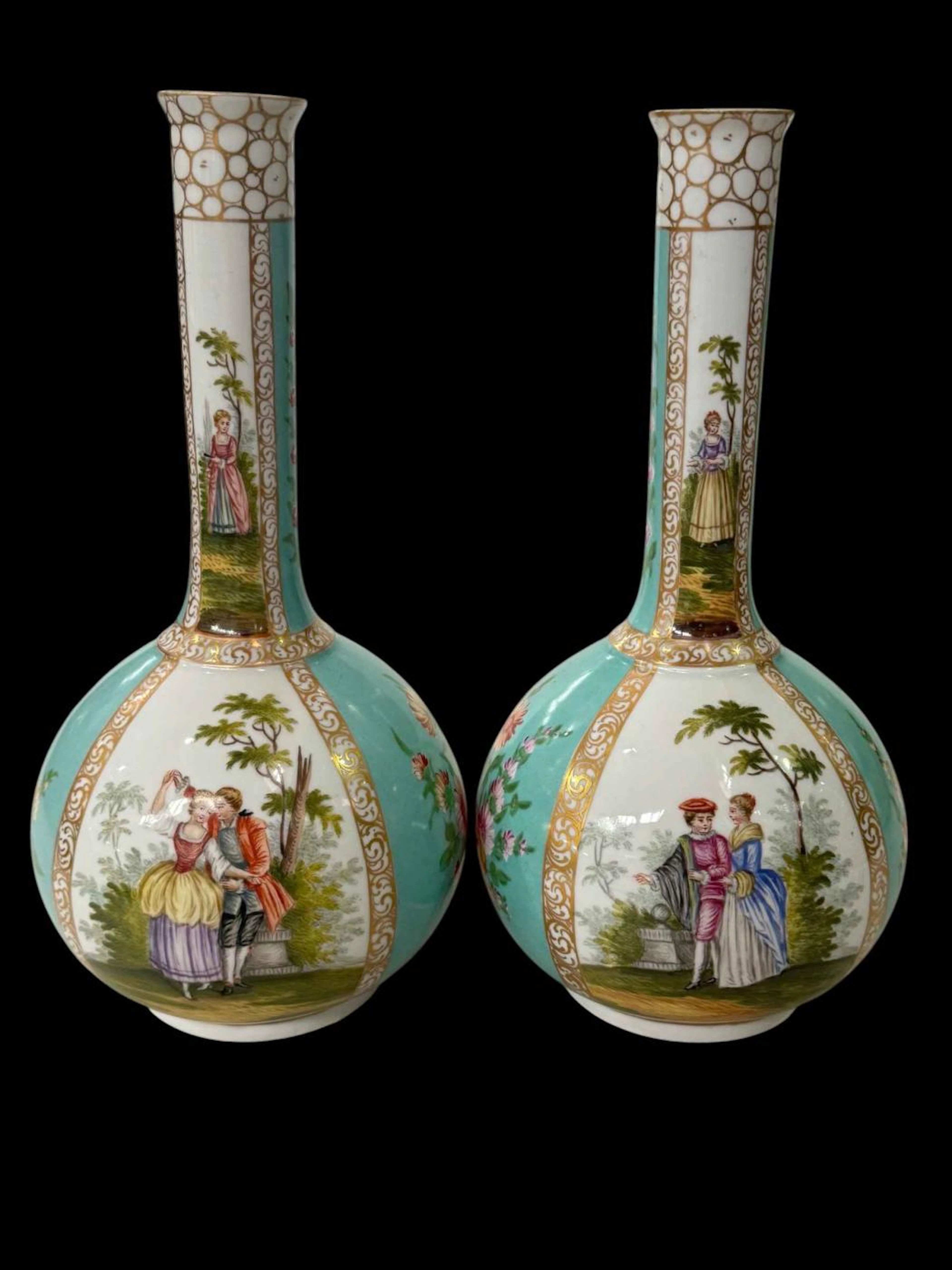Pair Continental Augustus Rex style porcelain bottle vases with gallant