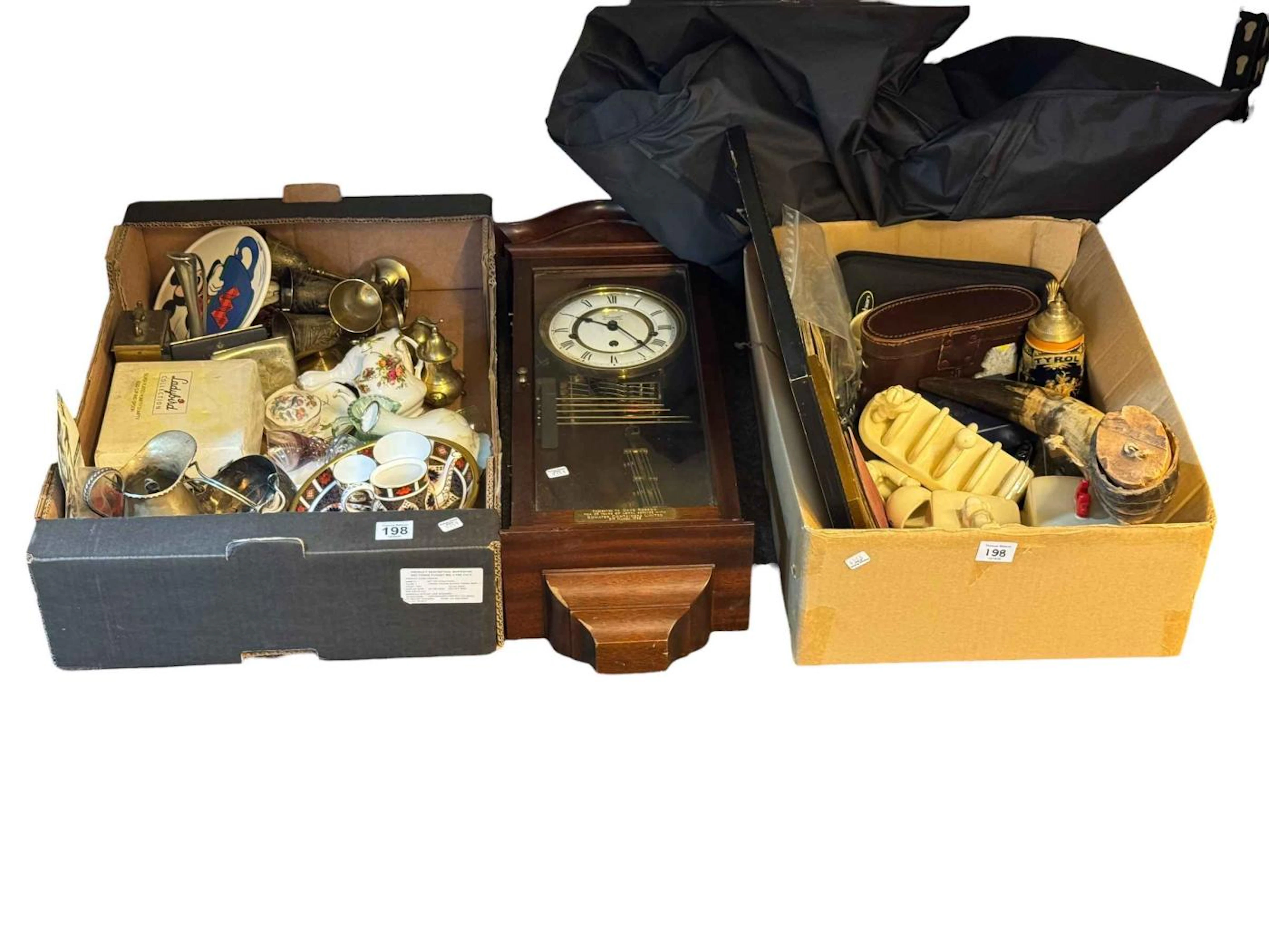 Comitti of London wall clock together with two boxes of china, glass