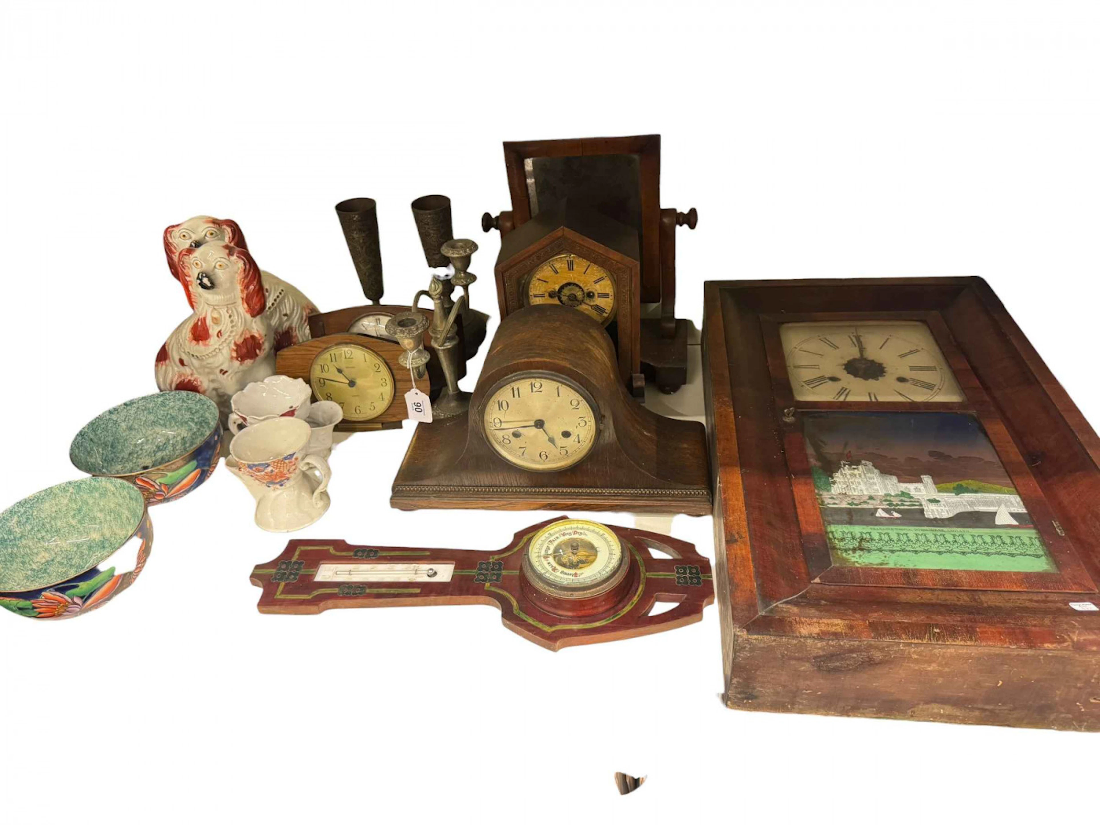 An American wall clock, four mantel clocks, barometer, pair of Staffordshire