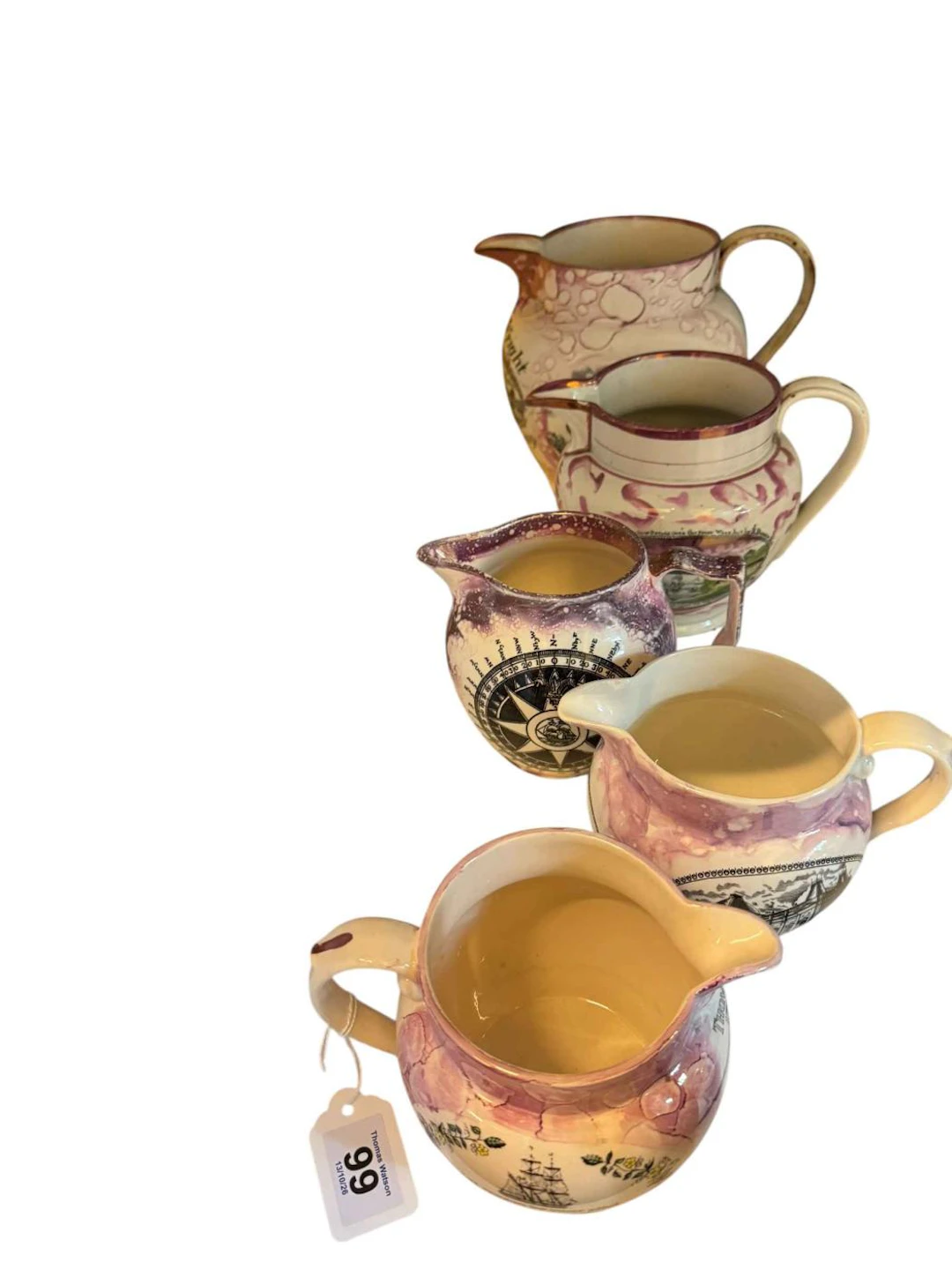 Five Victorian Sunderland Lustre jugs.