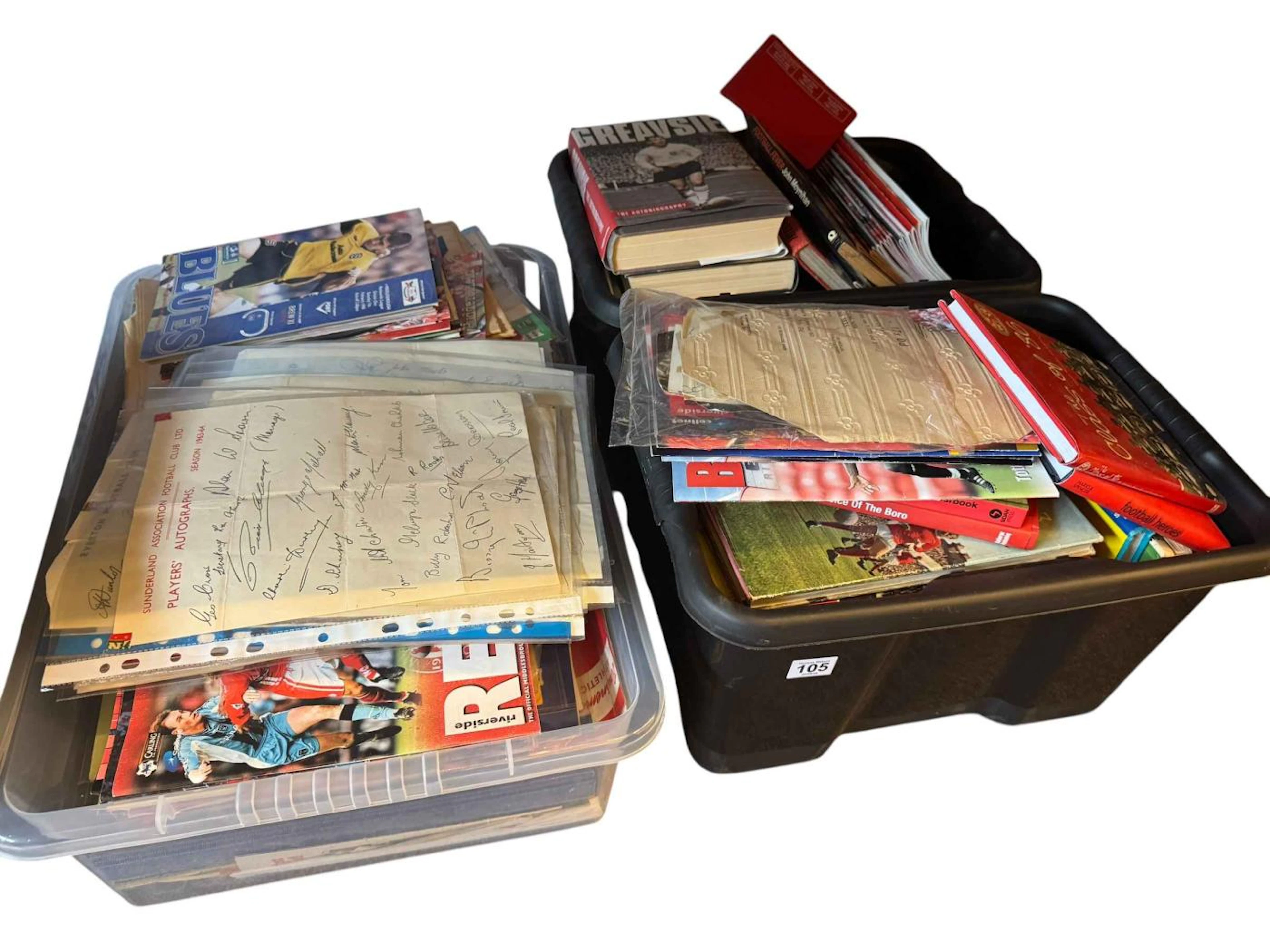 Three boxes of Football Players autographs, programmes, books, etc.