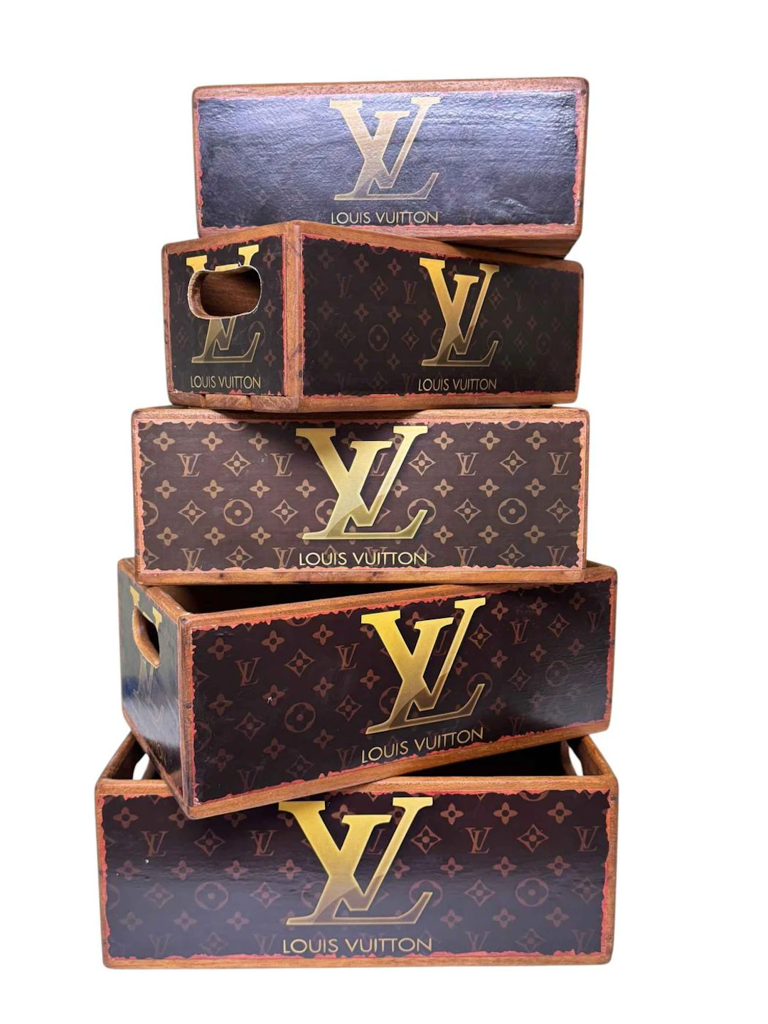 Set of five graduated Louis Vuitton advert boxes.