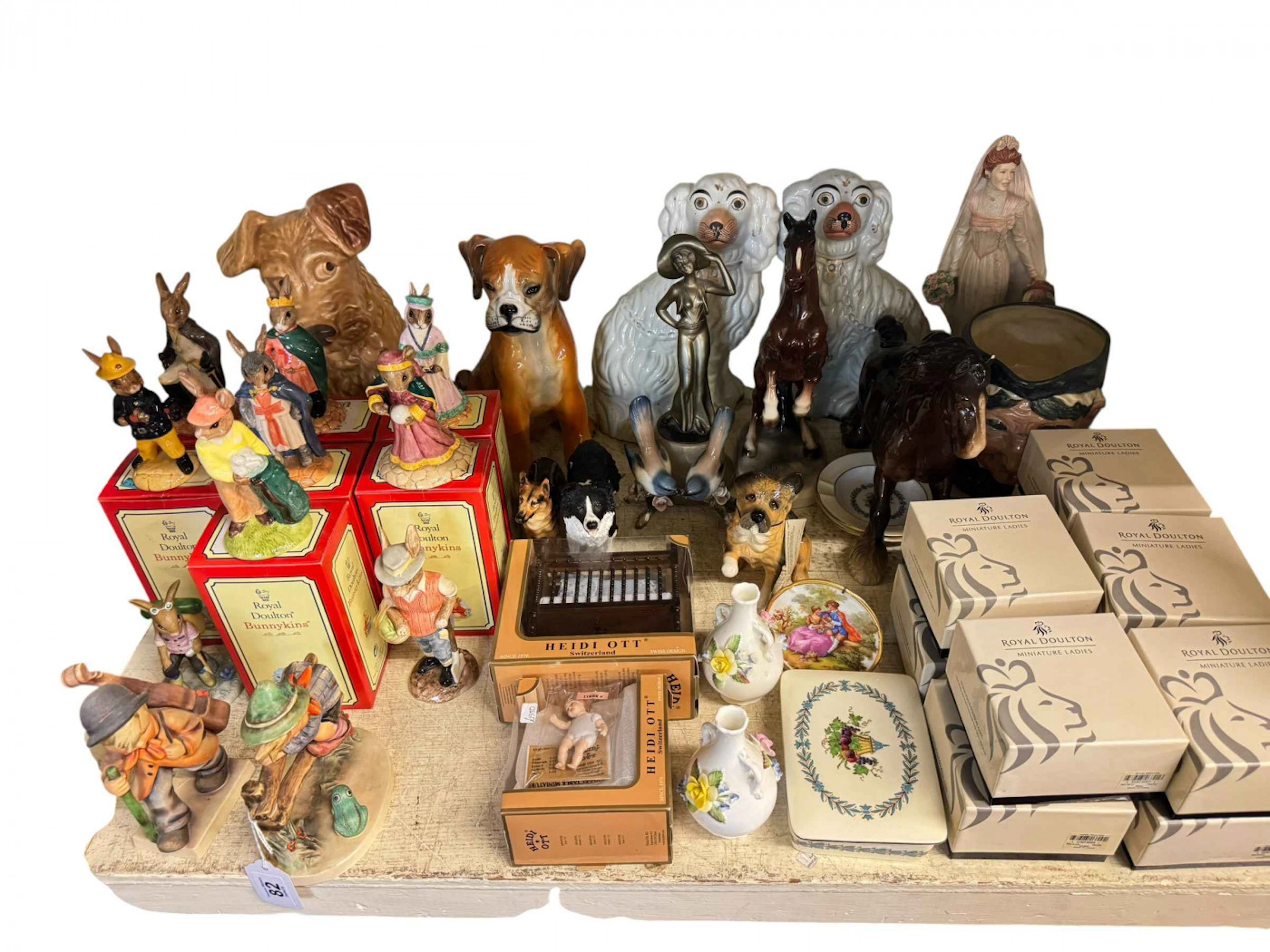 Pair of Staffordshire dogs, Sylvac dog, Royal Doulton Bunnykins and