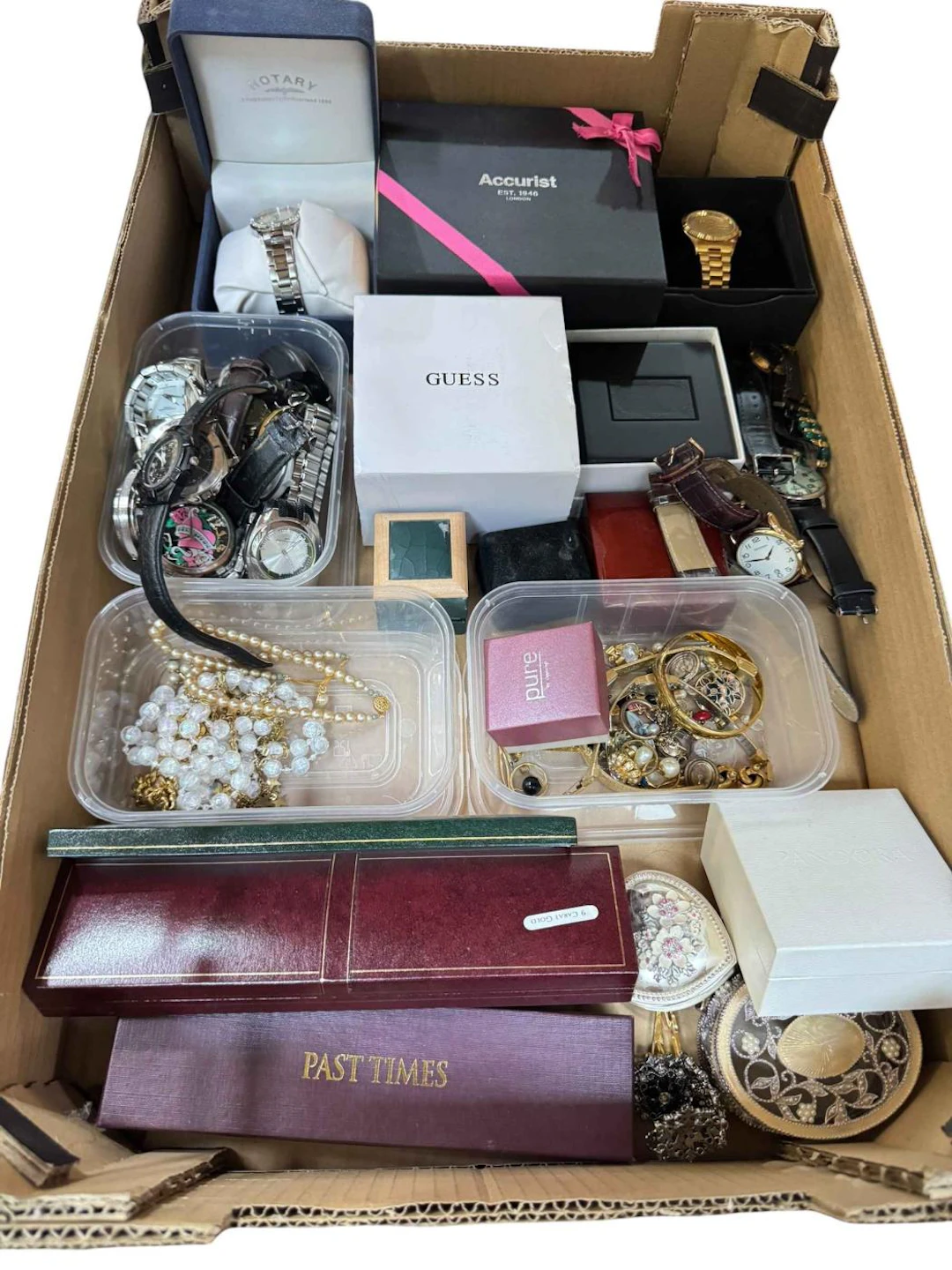Box of costume jewellery, wristwatches, etc.