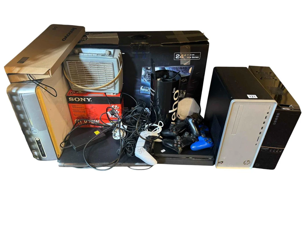 Playstation 4 with four controllers and one PS5 controller together