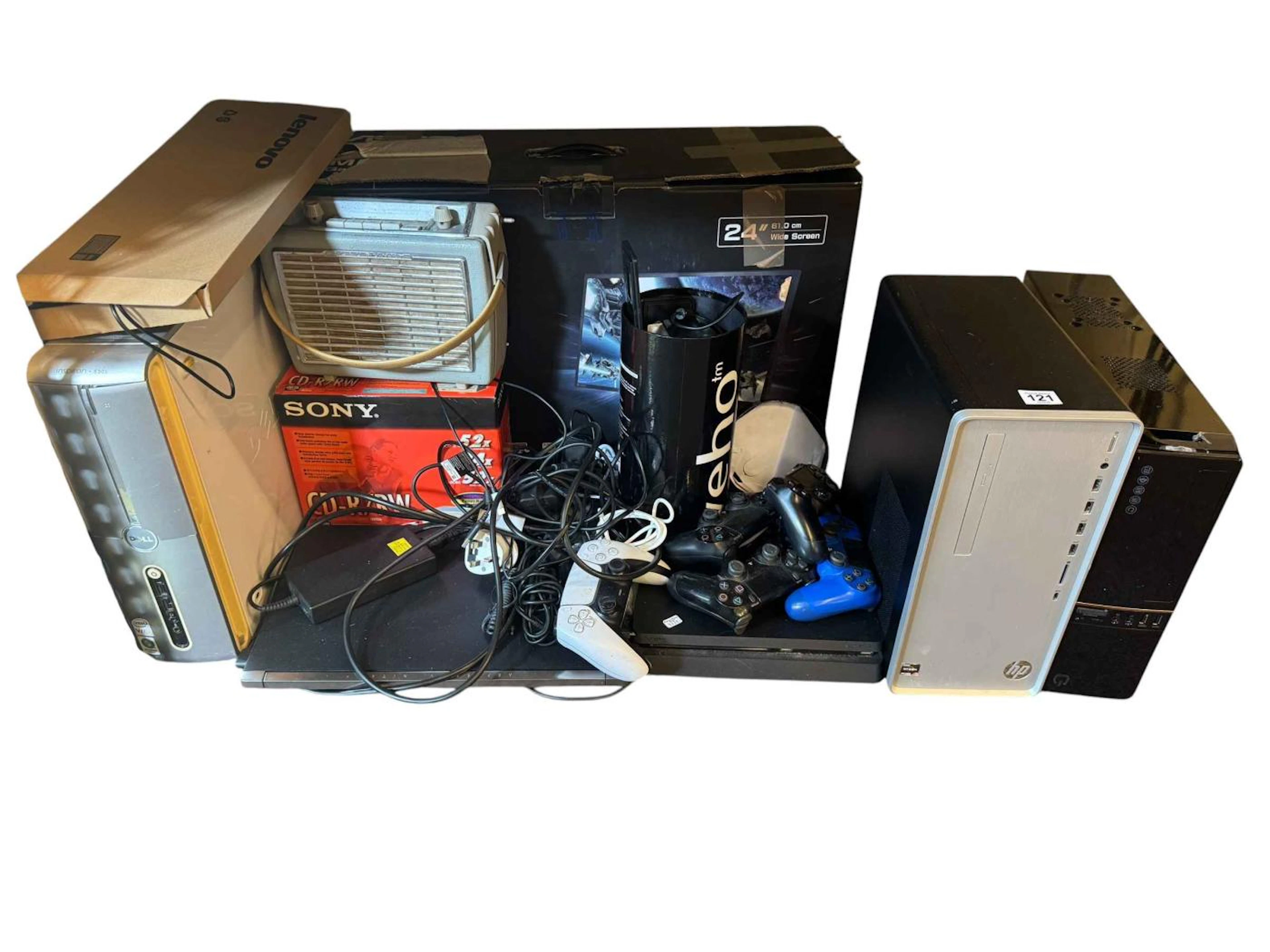 Playstation 4 with four controllers and one PS5 controller together