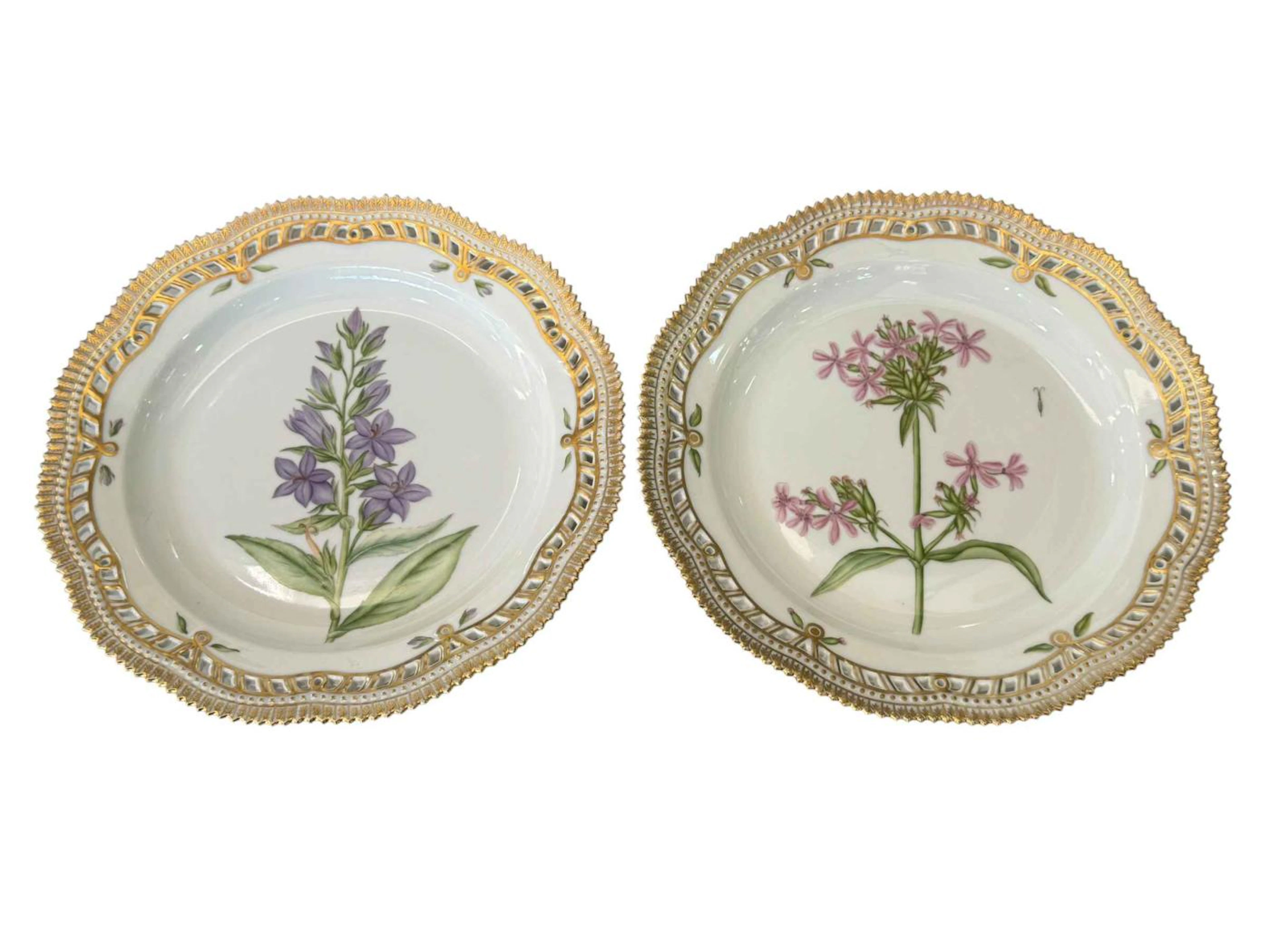 Pair of large Royal Copenhagen Flora Danica plates painted with botanical