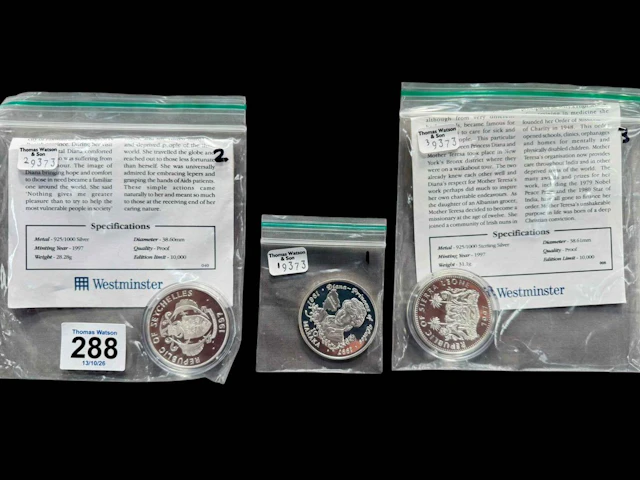 Three silver proof Diana Princess of Wales coins, Seychelles, Sierra