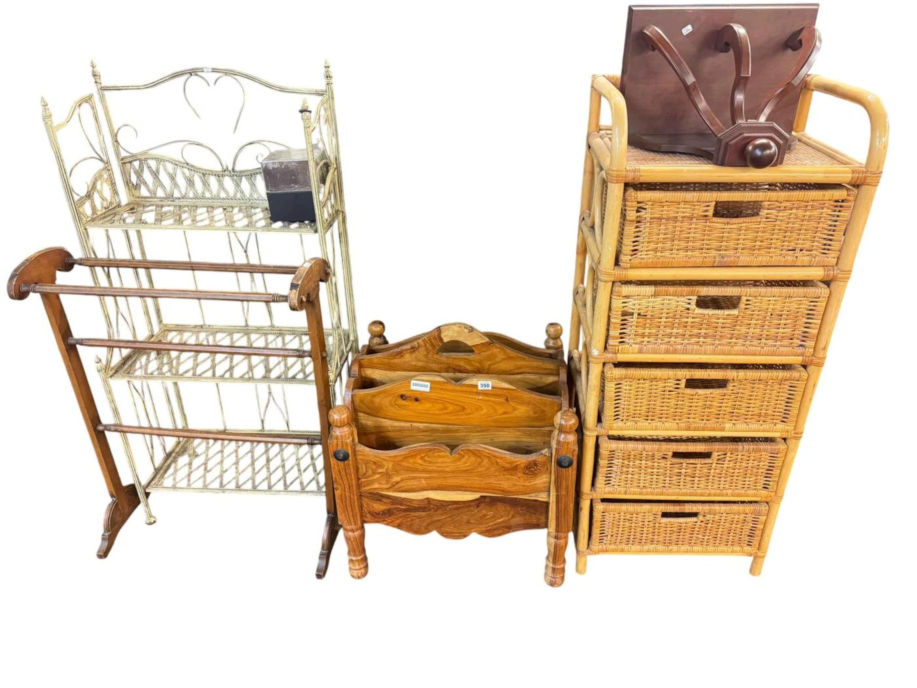 Set of folding wrought iron shelves, canework five height chest, towel