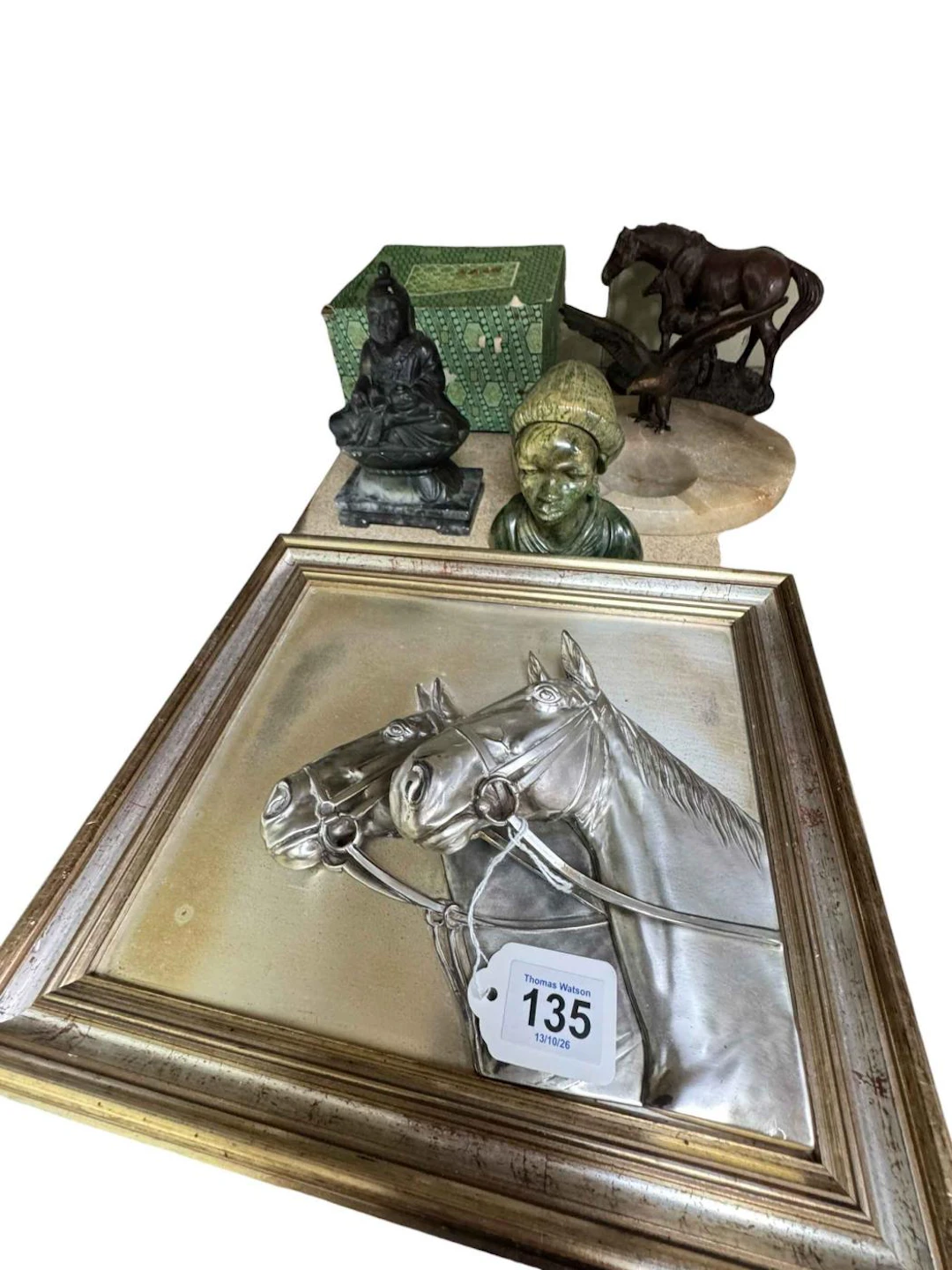 Boxed hardstone Buddha, EP framed horse heads, eagle on onyx cigarette