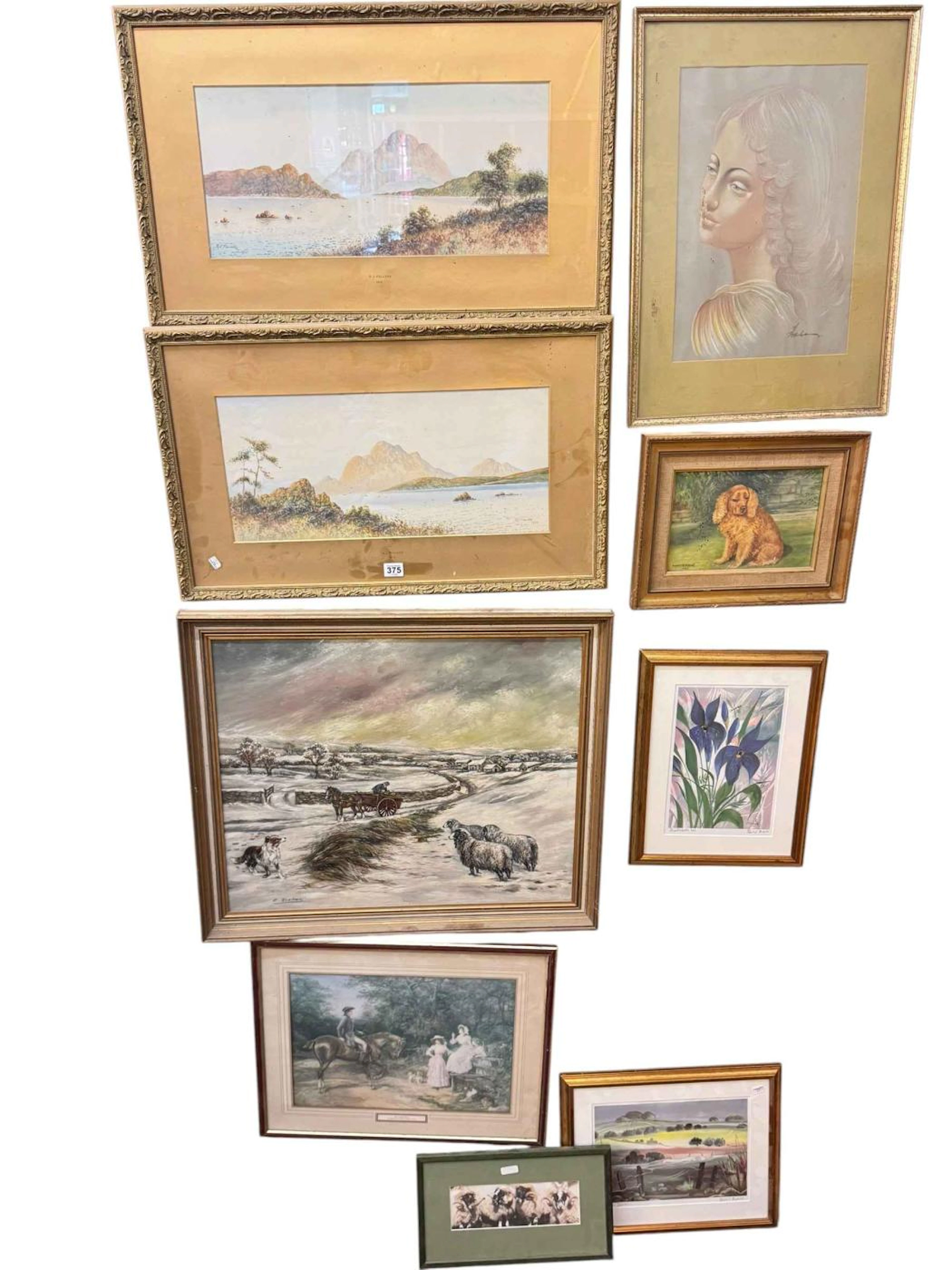 Pair of RJ Pollard watercolours, pastel portrait, E Bailes winter
