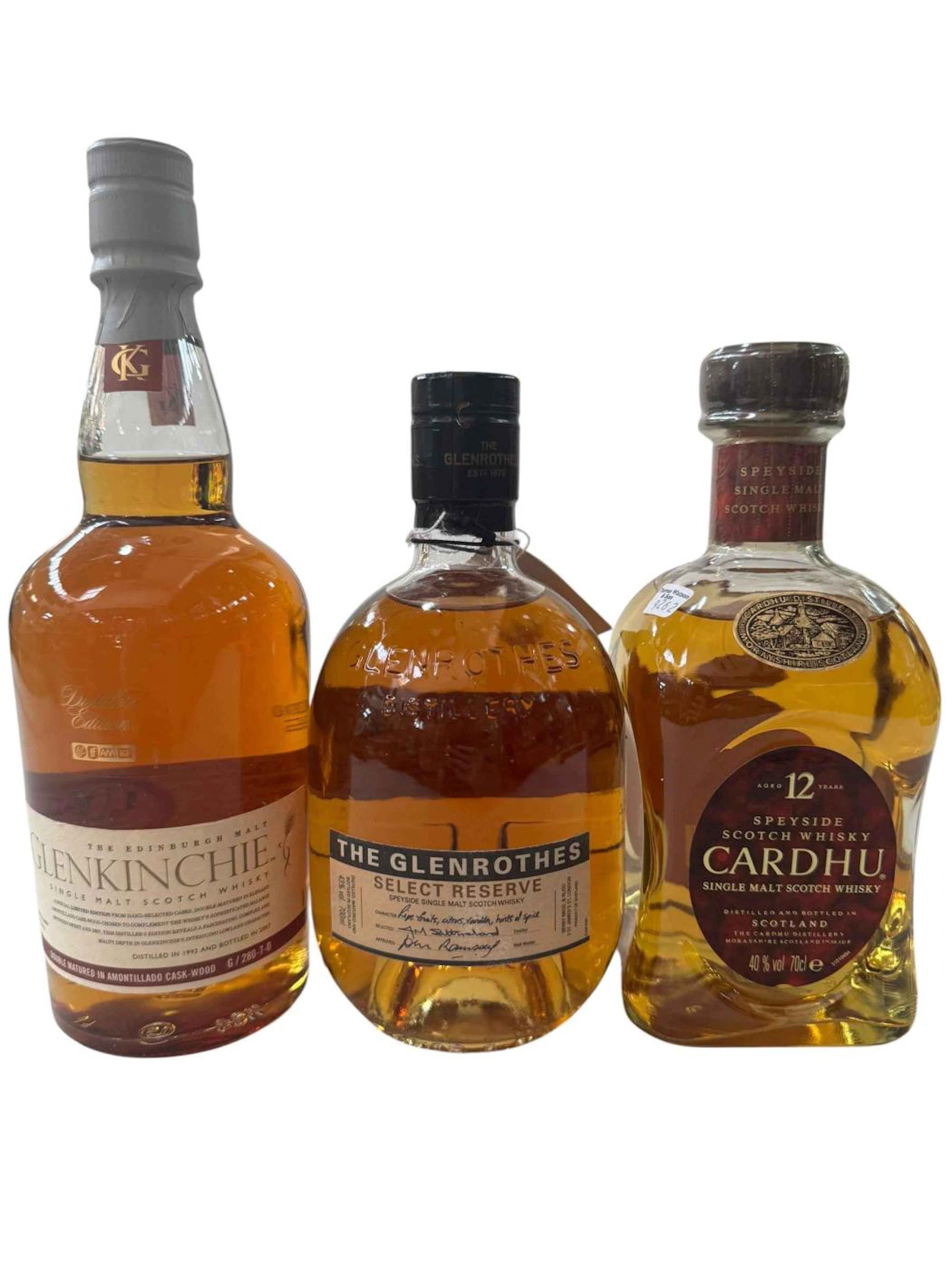 Three bottles of whisky; Glenrothes Select Reserve, Cardhu 12 years