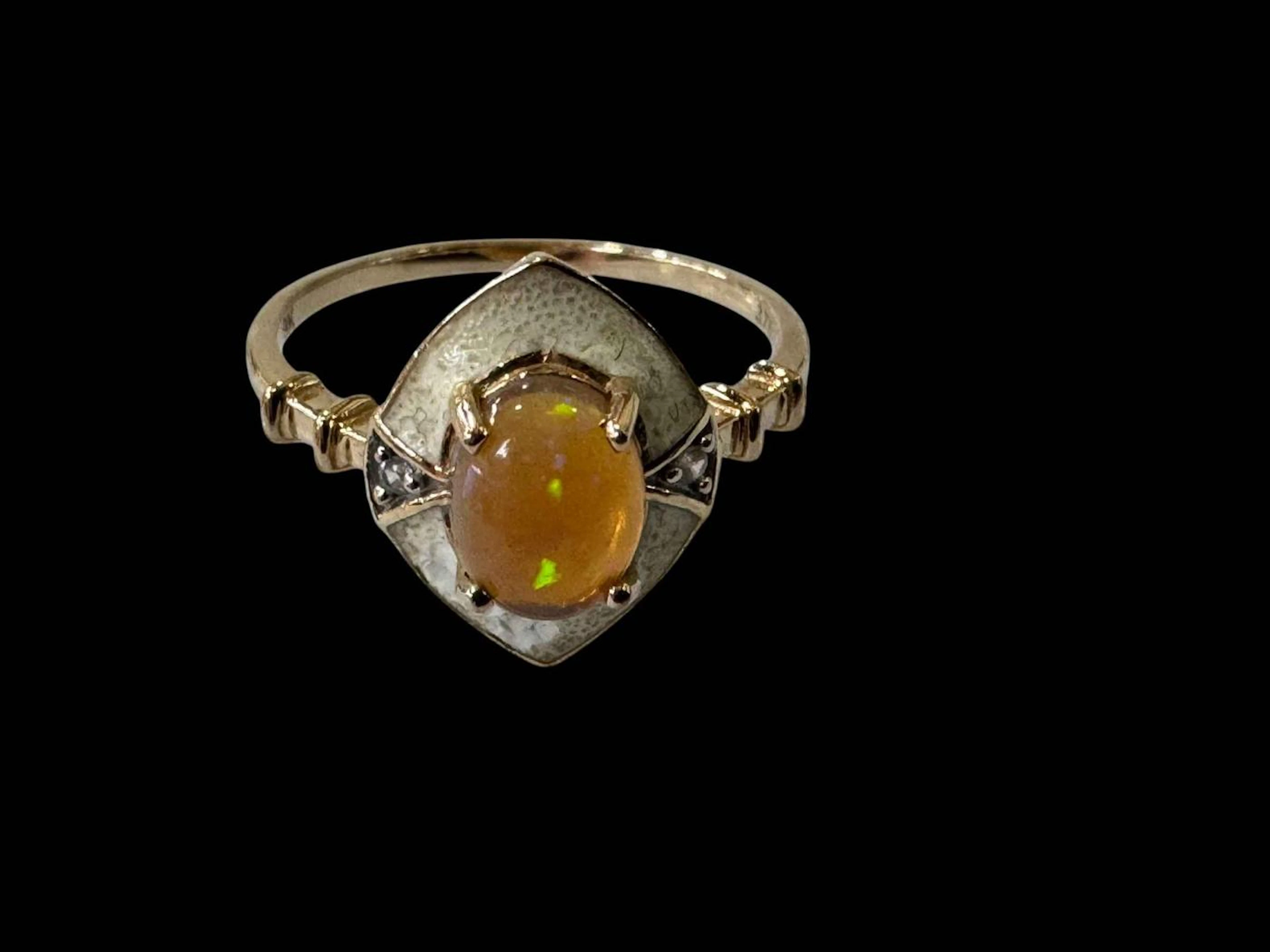 Black opal and white enamel 9k gold ring, size Q.