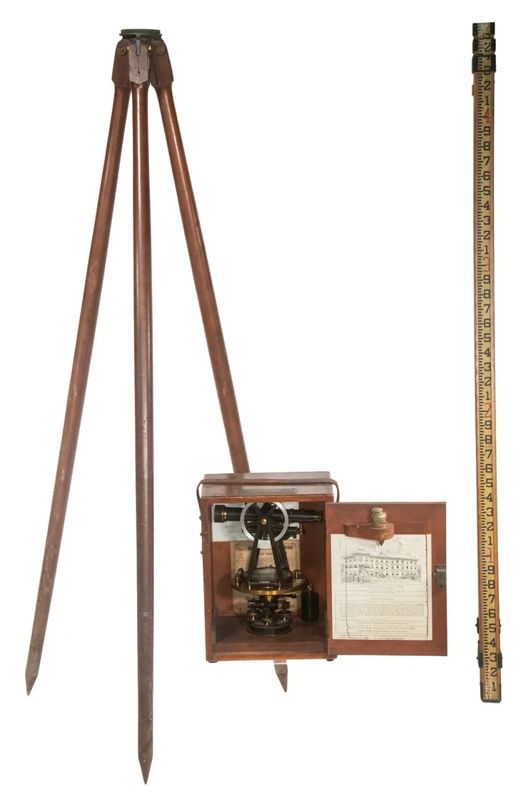 KOLESCH & CO NY CASED SURVEYOR'S TRANSIT W/ TRIPOD & METERING STICK
