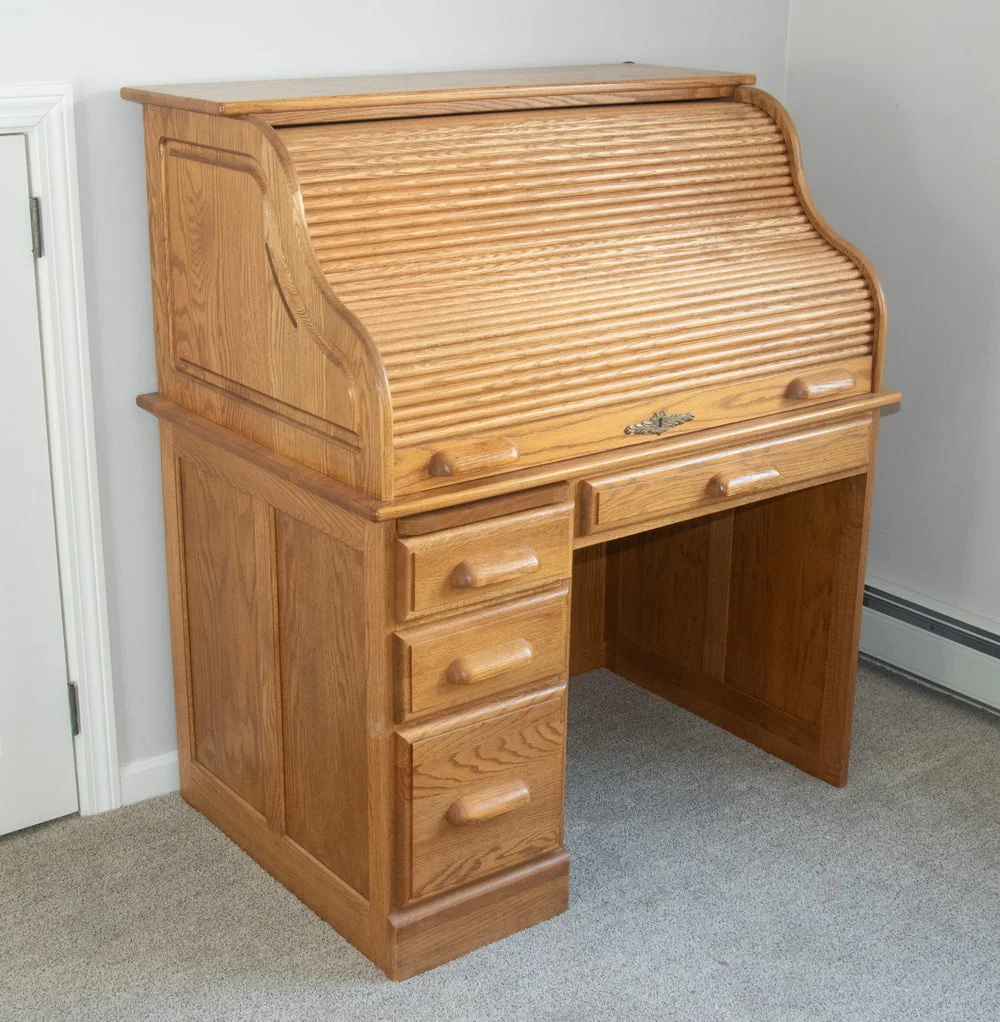 OAK ROLL-TOP DESK WITH TAMBOUR FRONT, MID-20TH CENTURY