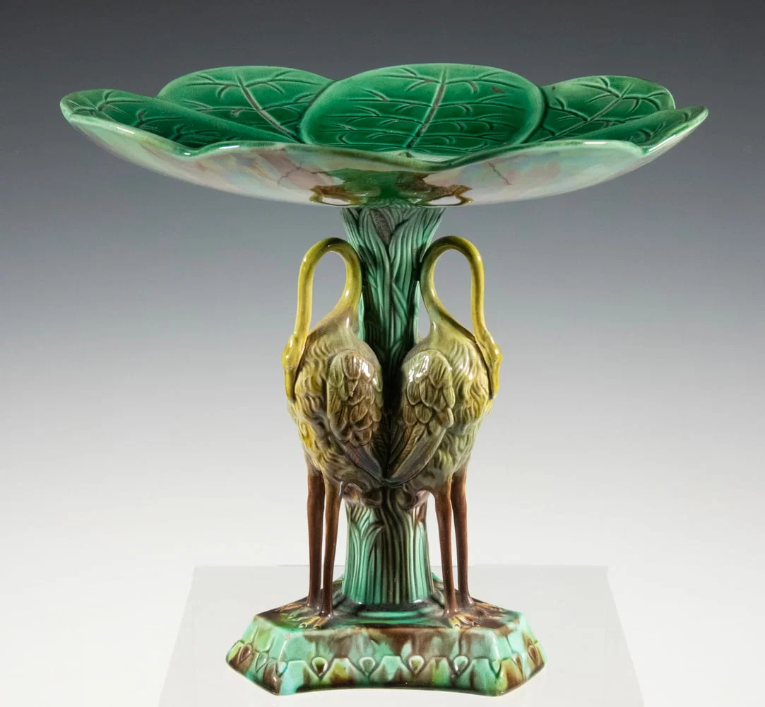 19TH C. ENGLISH MAJOLICA HERONS & LILY PAD TAZZA