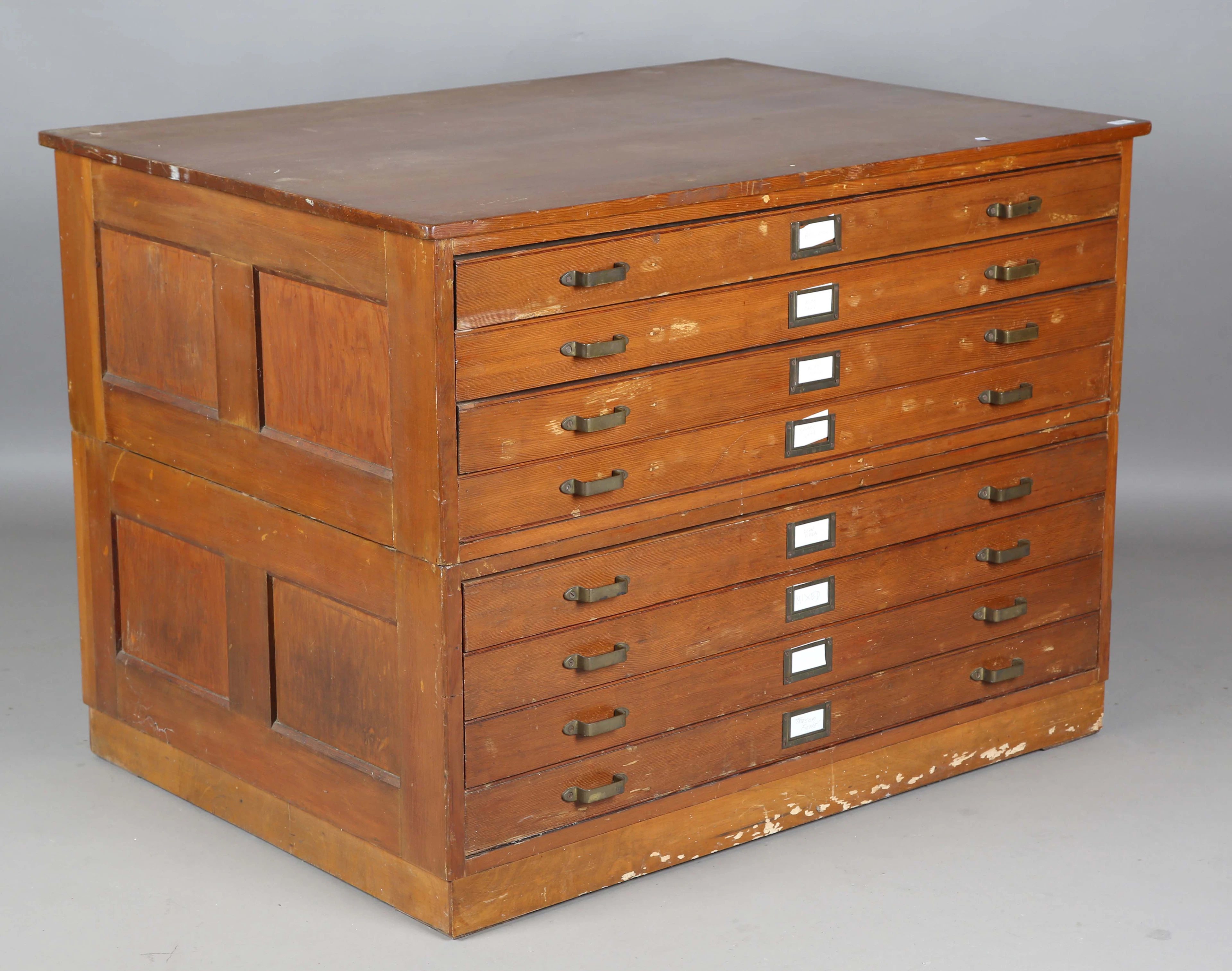 A mid-20th century pine planner's or folio chest of eight drawers
