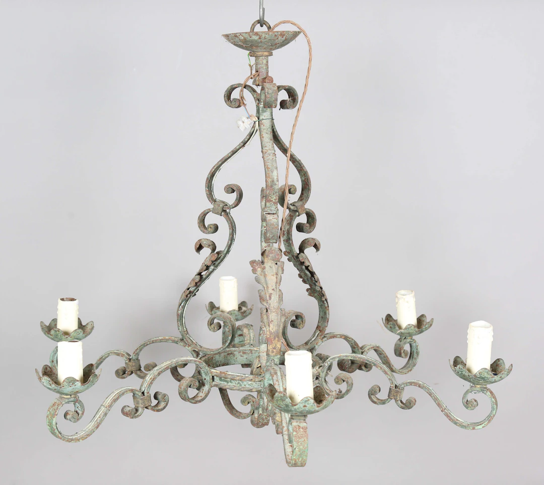 A 20th century verdigris wrought iron six-branch chandelier, height