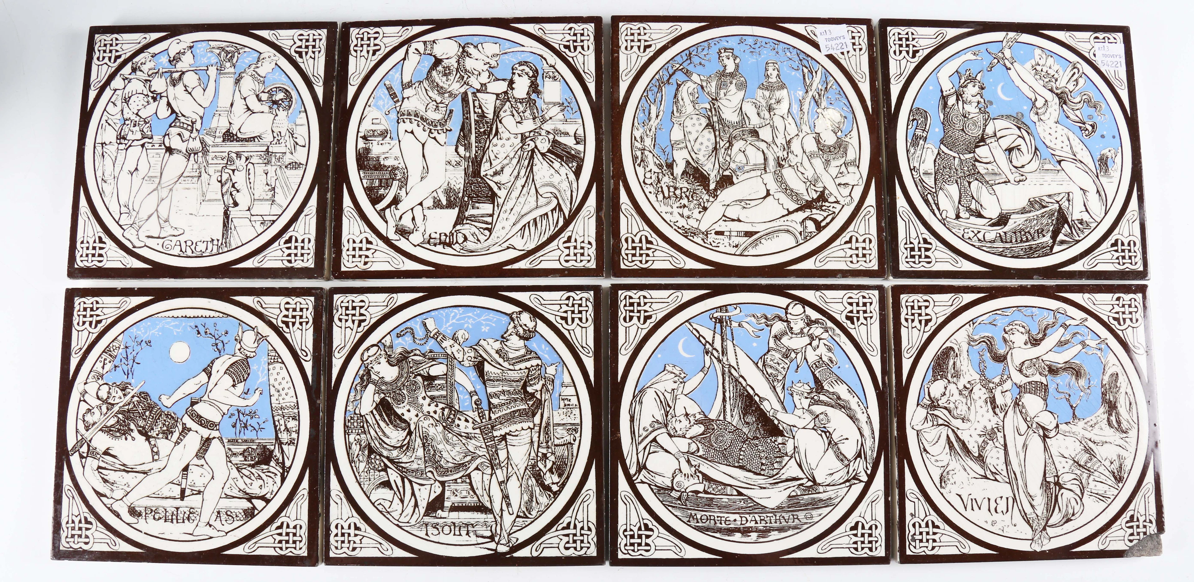 Eight Mintons ceramic tiles from the Idylls of the King series, circa