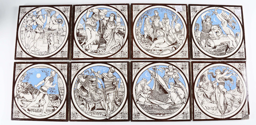 Eight Mintons ceramic tiles from the Idylls of the King series, circa