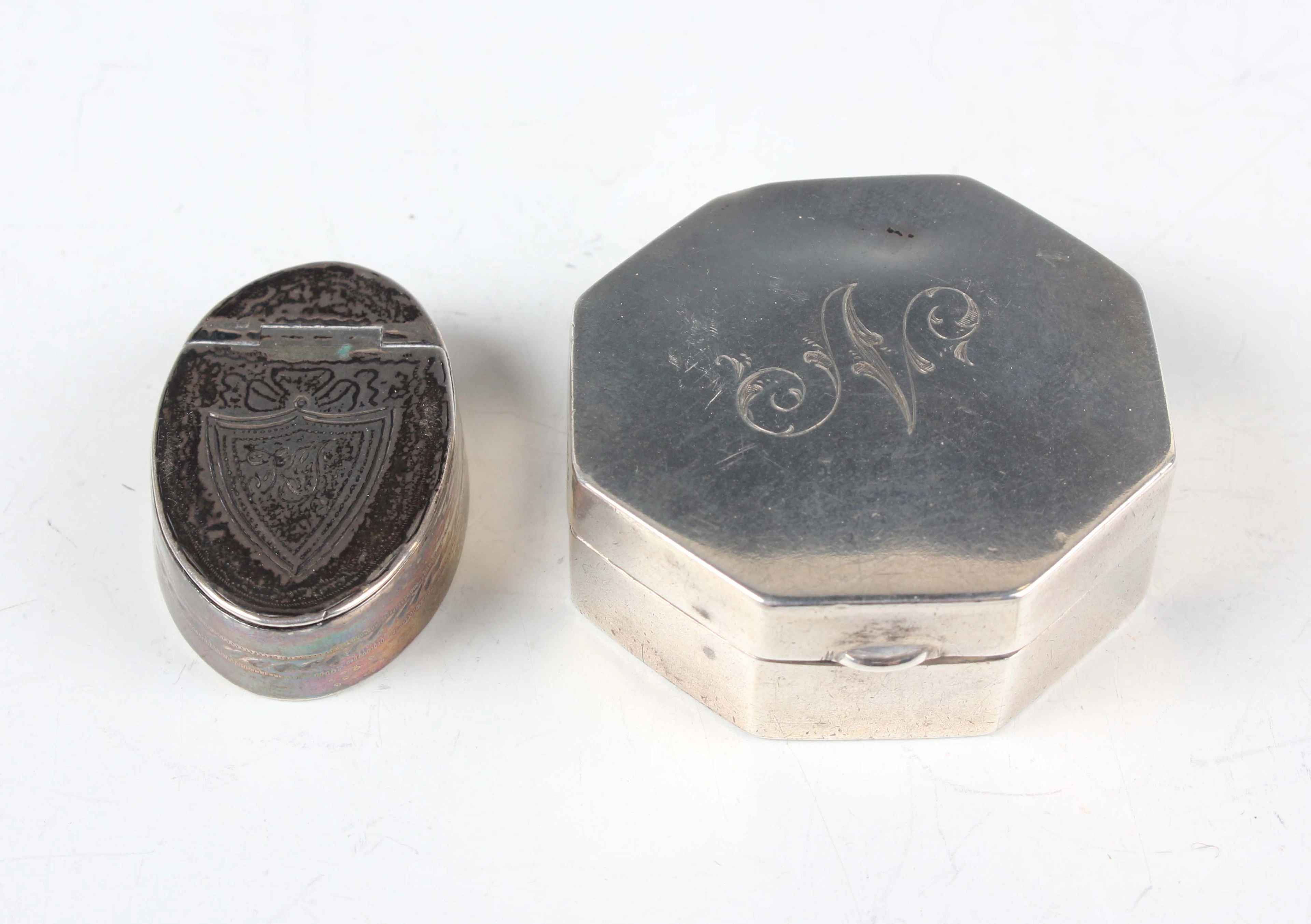 A George III silver oval pillbox, the hinged lid engraved with initials