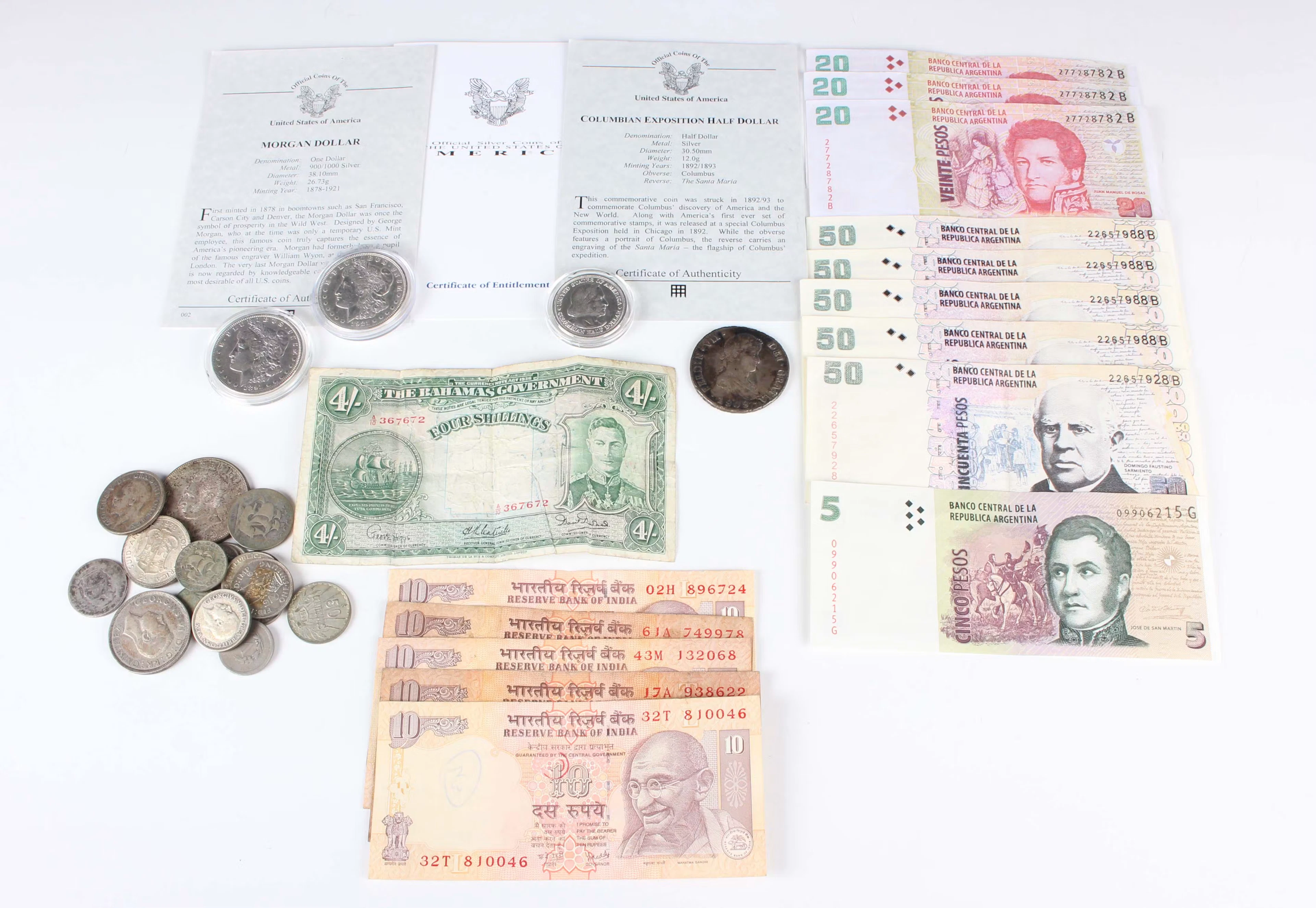 A small collection of antique and later coins and banknotes, including
