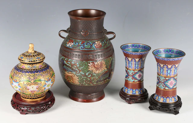 A Japanese champlevé enamel and bronze vase of baluster form, height