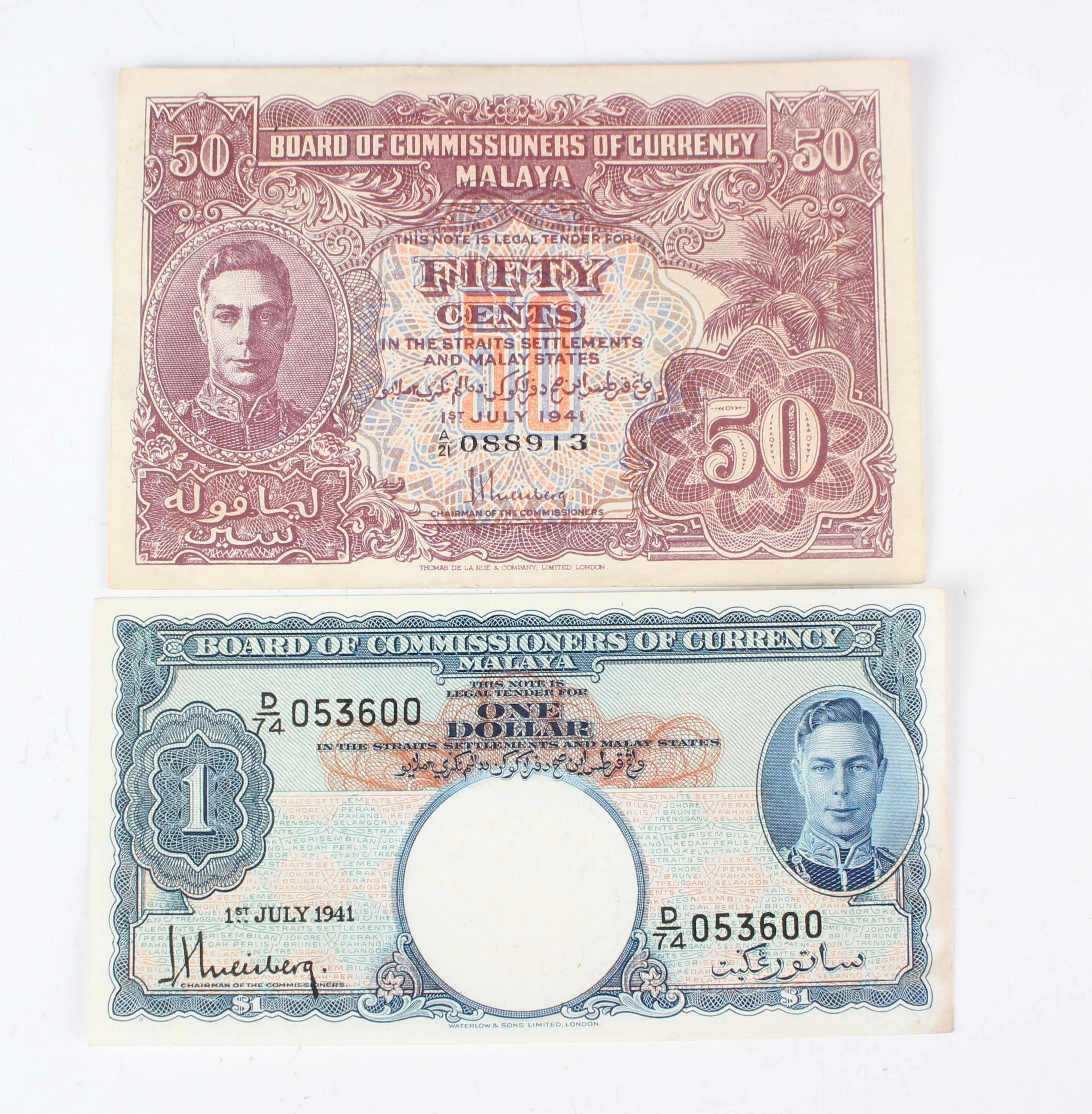 A small group of Malayan banknotes, including a Board of Commissioners
