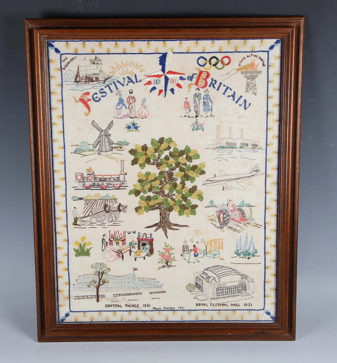 A Festival of Britain commemorative needlework sampler, titled and