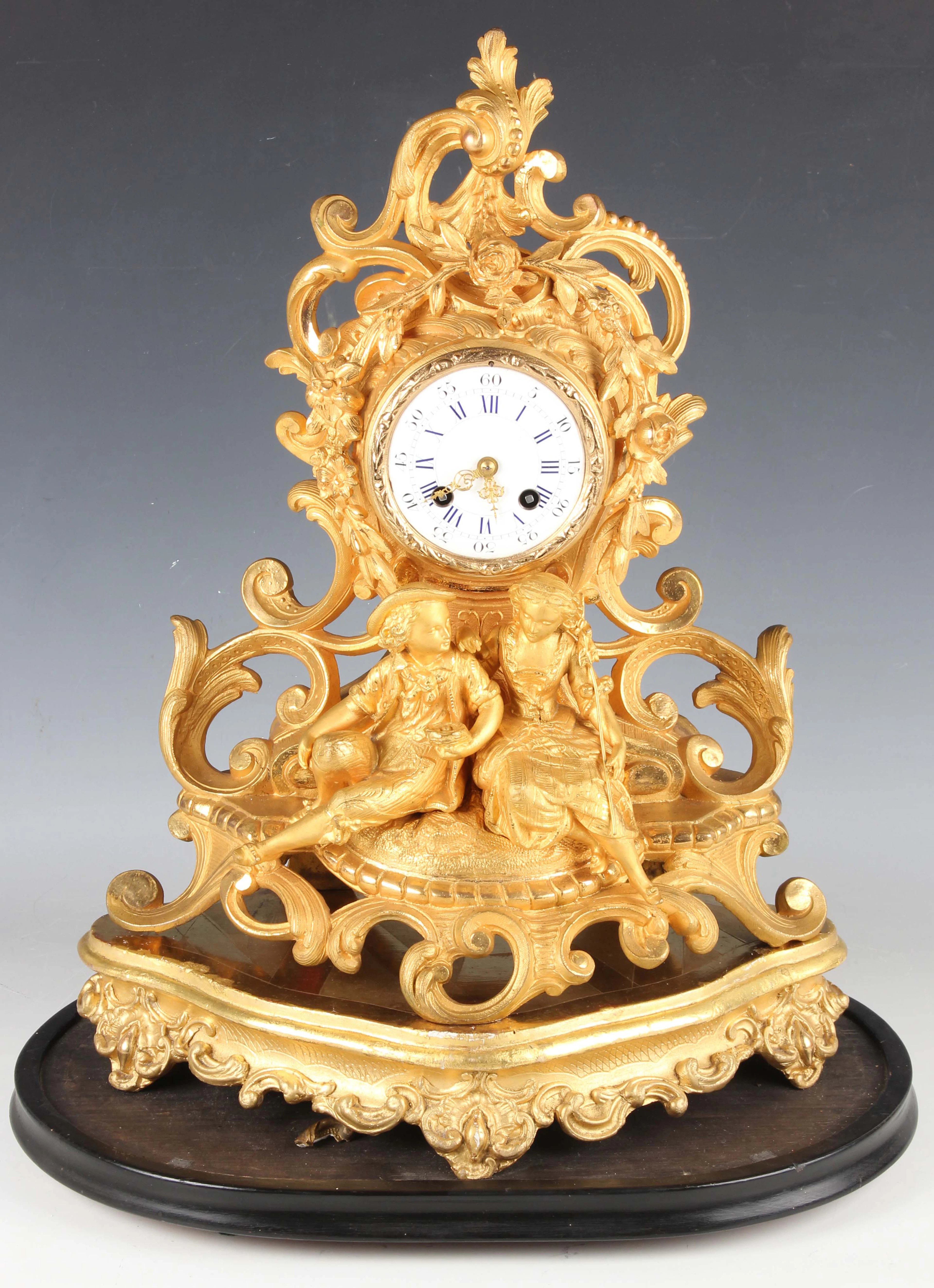 A late 19th century French gilt spelter mantel clock with eight day