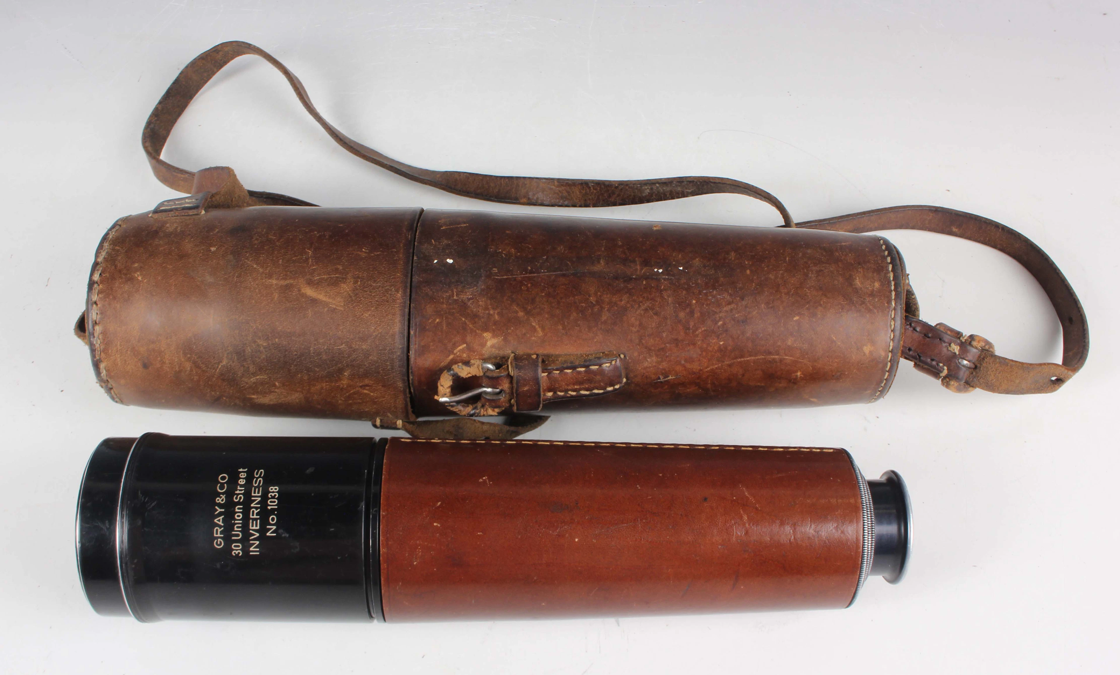 A Gray & Co of Inverness brown leather bound and black enamelled three-draw